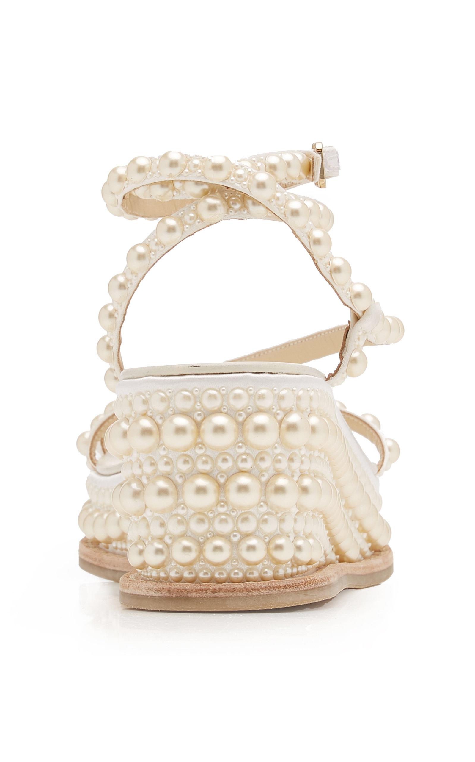 Jimmy Choo Drive Pearl-embellished Satin Wedge Sandals in White | Lyst