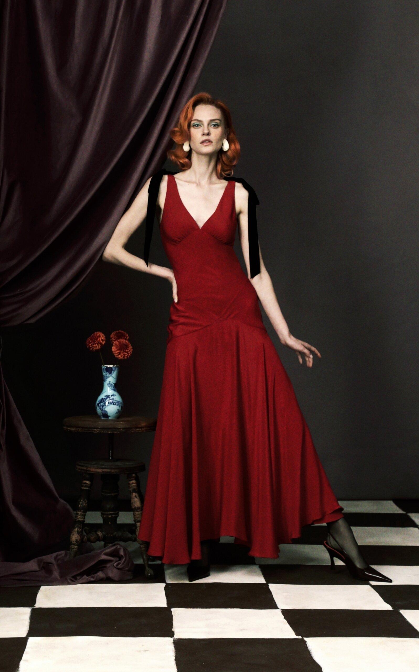rodarte's crimson silk chiffon ruffled dress with bow details parisosona wears Rodarte's FW24 Burgundy Silk Charmeuse Peplum Bias Dress,  photographed by @kat_in_nyc. #rodarte