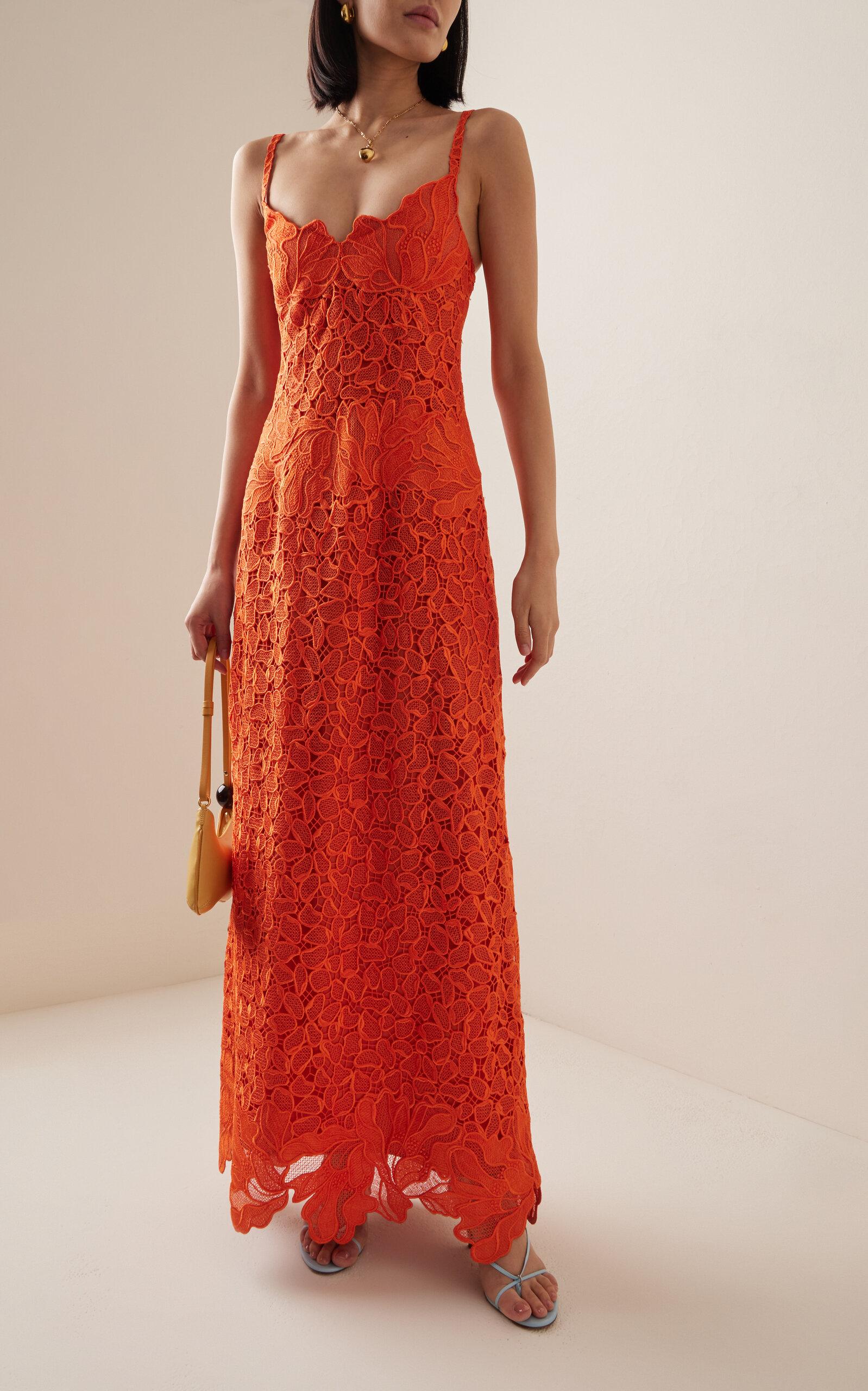strapless open back dress Quiyn Symmetrical Print Lace Maxi Dress, Orange Multi main image 1