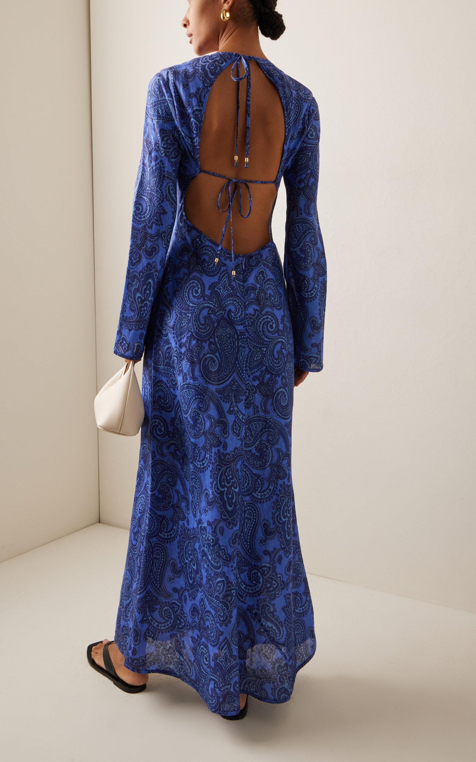 Zimmermann Ottie Backless Linen Bias-Cut Maxi Dress in Blue