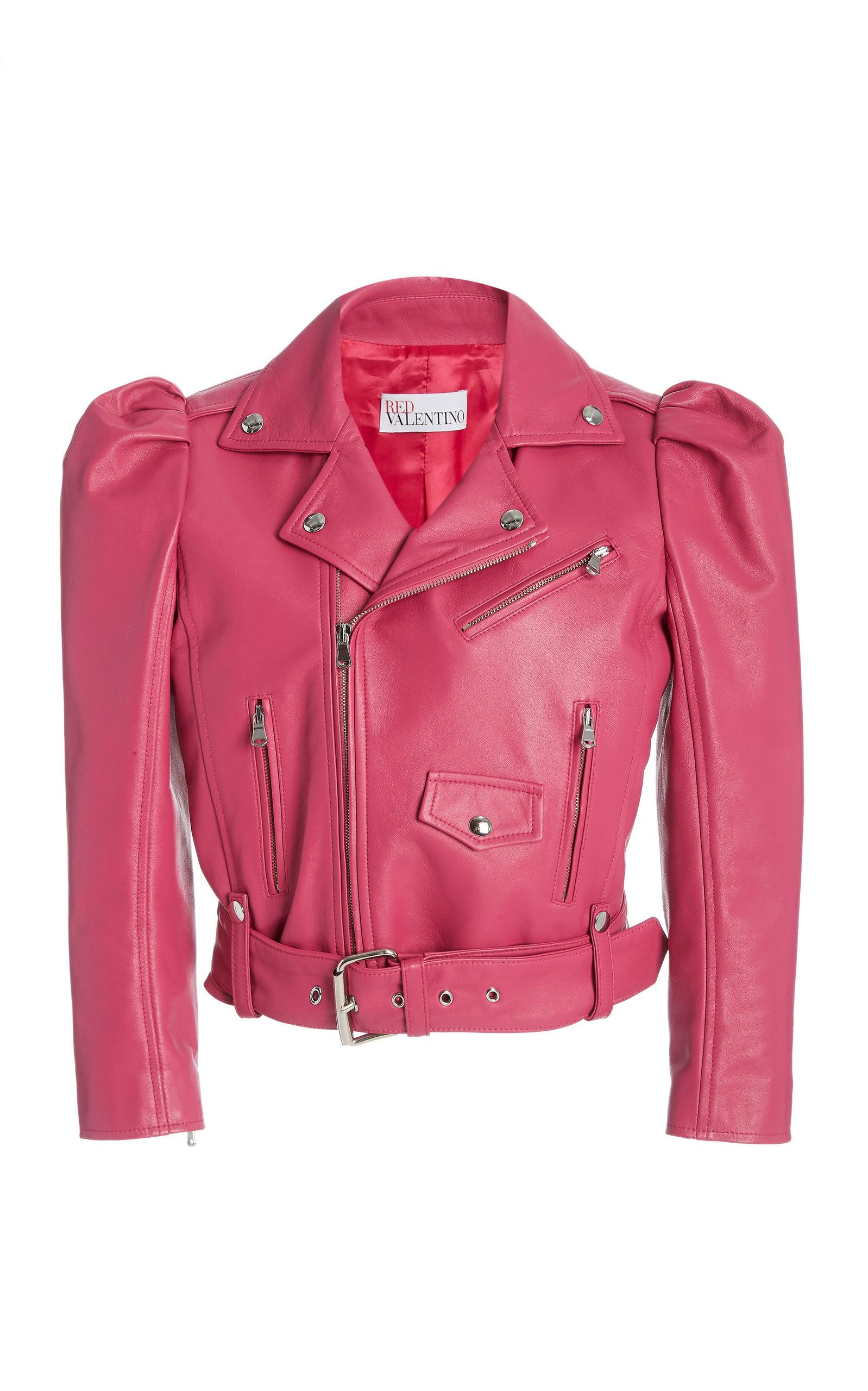 pink cropped leather jacket