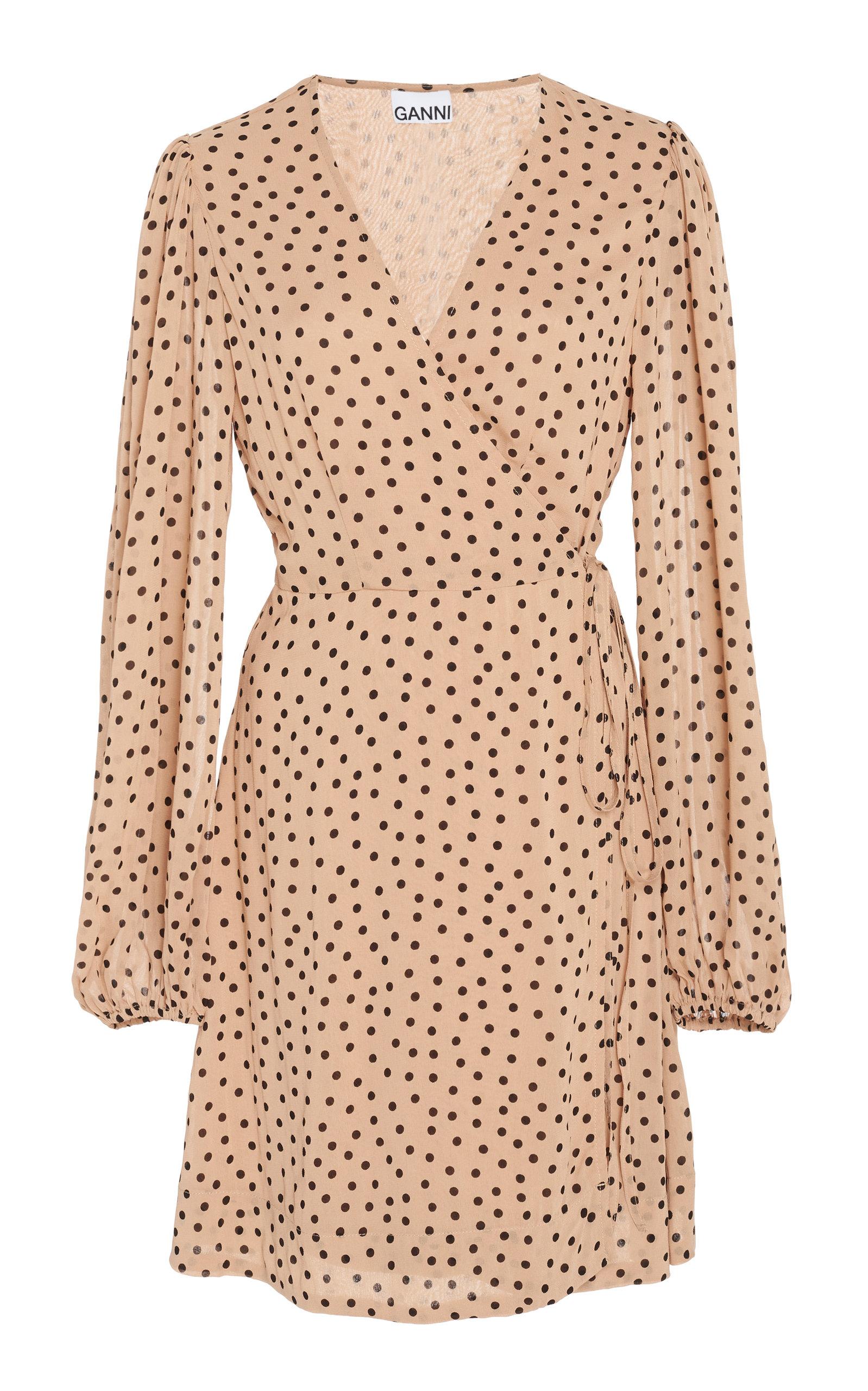 Ganni Synthetic Polka-dot Georgette Mini Wrap Dress in Natural - Lyst
