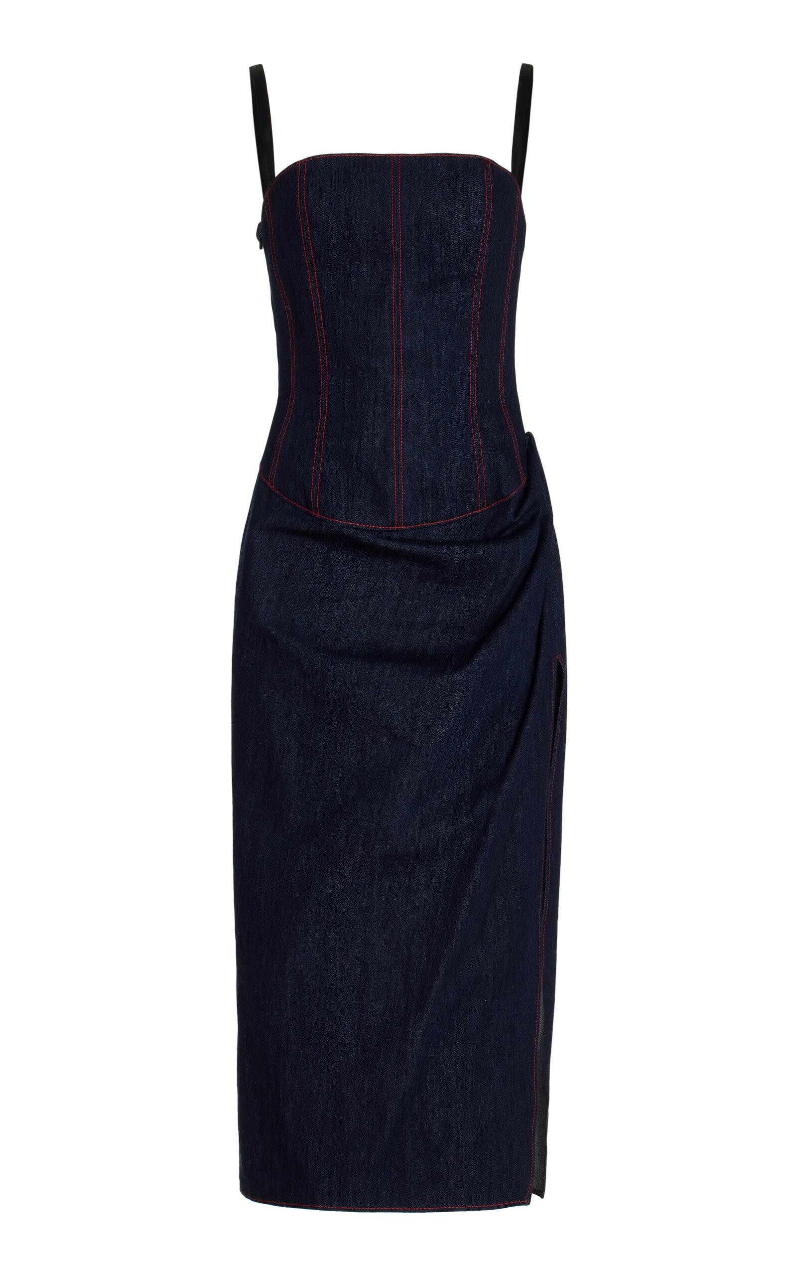 Carolina Herrera Corseted Cotton-chambray Midi Dress in Blue | Lyst