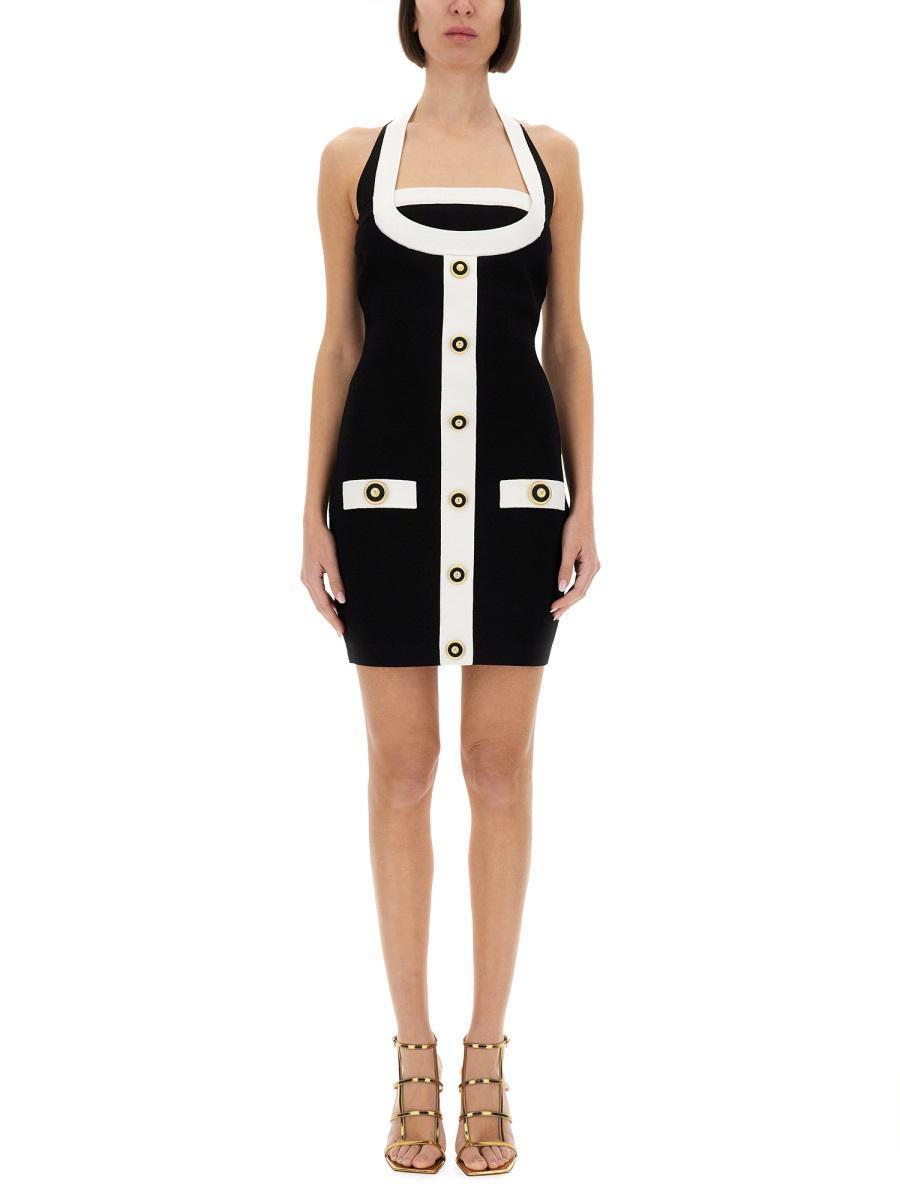 ワンピース Balmain Two-Tone Dress With Open Back Balmain Two Tone Knitted Mini Dress in Black | Lyst