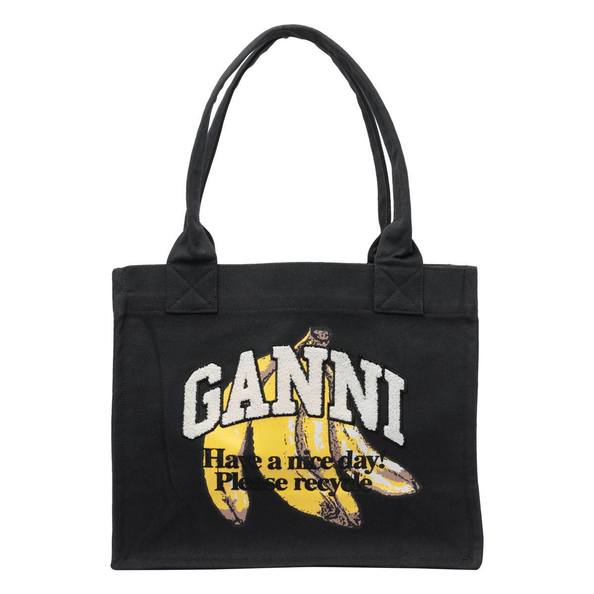 Ganni Large Banana Print Easy Logo Shopper Bag in Black