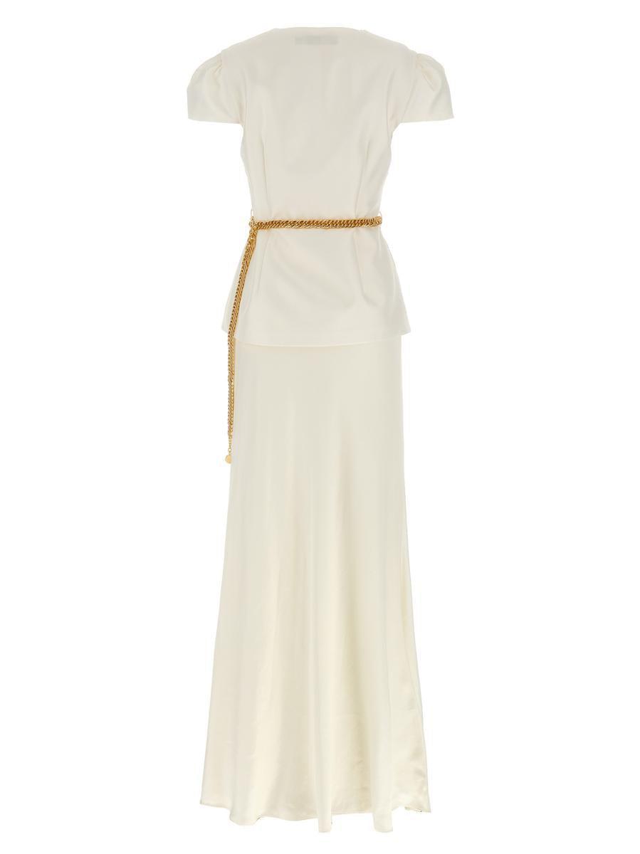 Self-Portrait 'Cream Taffeta Chain Belt Maxi' Dress in White