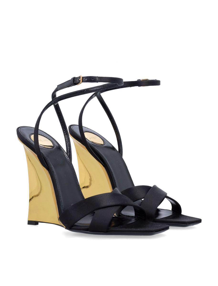 サンダル・ミュール Saint Laurent Lucienne Sandal Wedges SAINT LAURENT Lucienne leather-trimmed satin wedge sandals