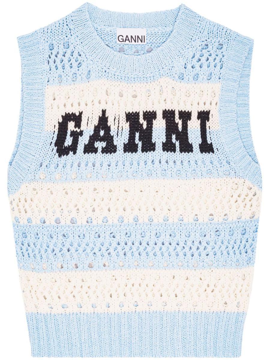Ganni Logo Cotton Blend Vest in Blue | Lyst