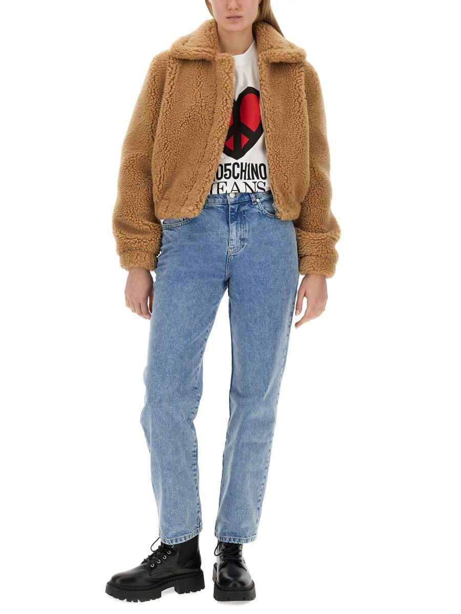 ムートン・ファーコート Moschino Cropped Furry Effect Jacket Moschino Cropped Furry Effect Jacket in Blue | Lyst