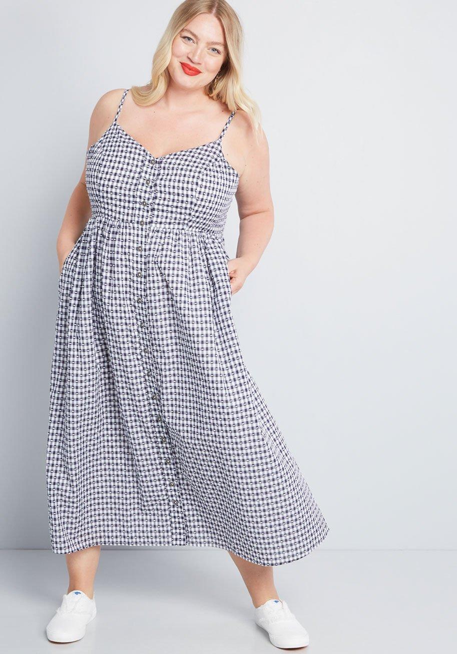 ModCloth Quite Clearly Charismatic Midi Cotton Dress in Navy Gingham ...