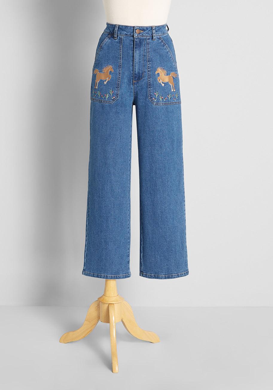 Princess Highway Runaway Rodeo Embroidered Wide-leg Jeans in Blue | Lyst
