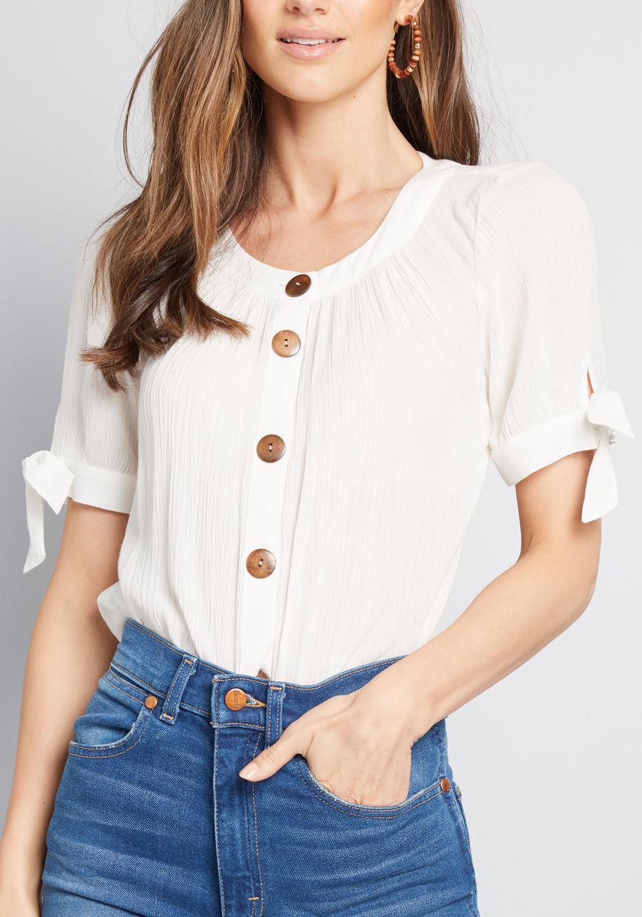 ModCloth Flowy Moment Buttoned Blouse in White - Lyst