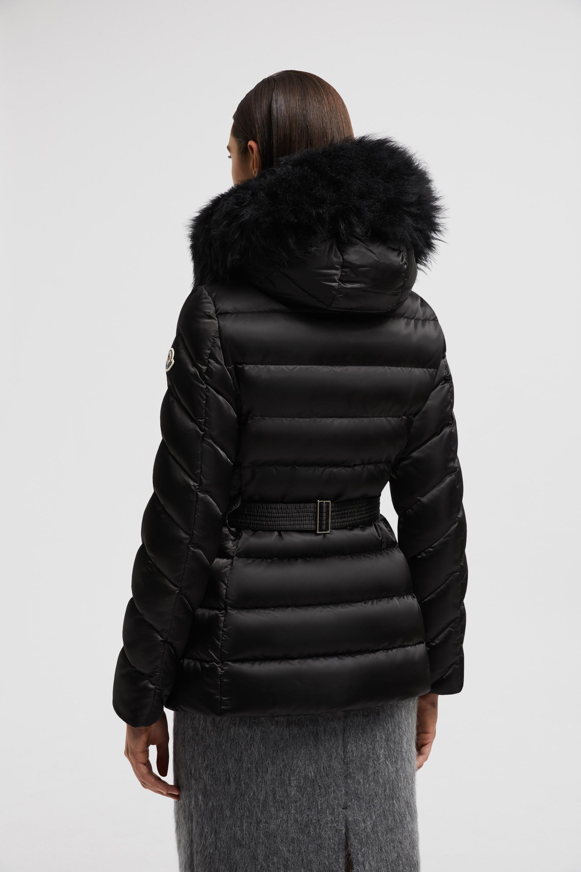 Moncler Cupidone Hooded Shearling Short Down Jacket in Brown