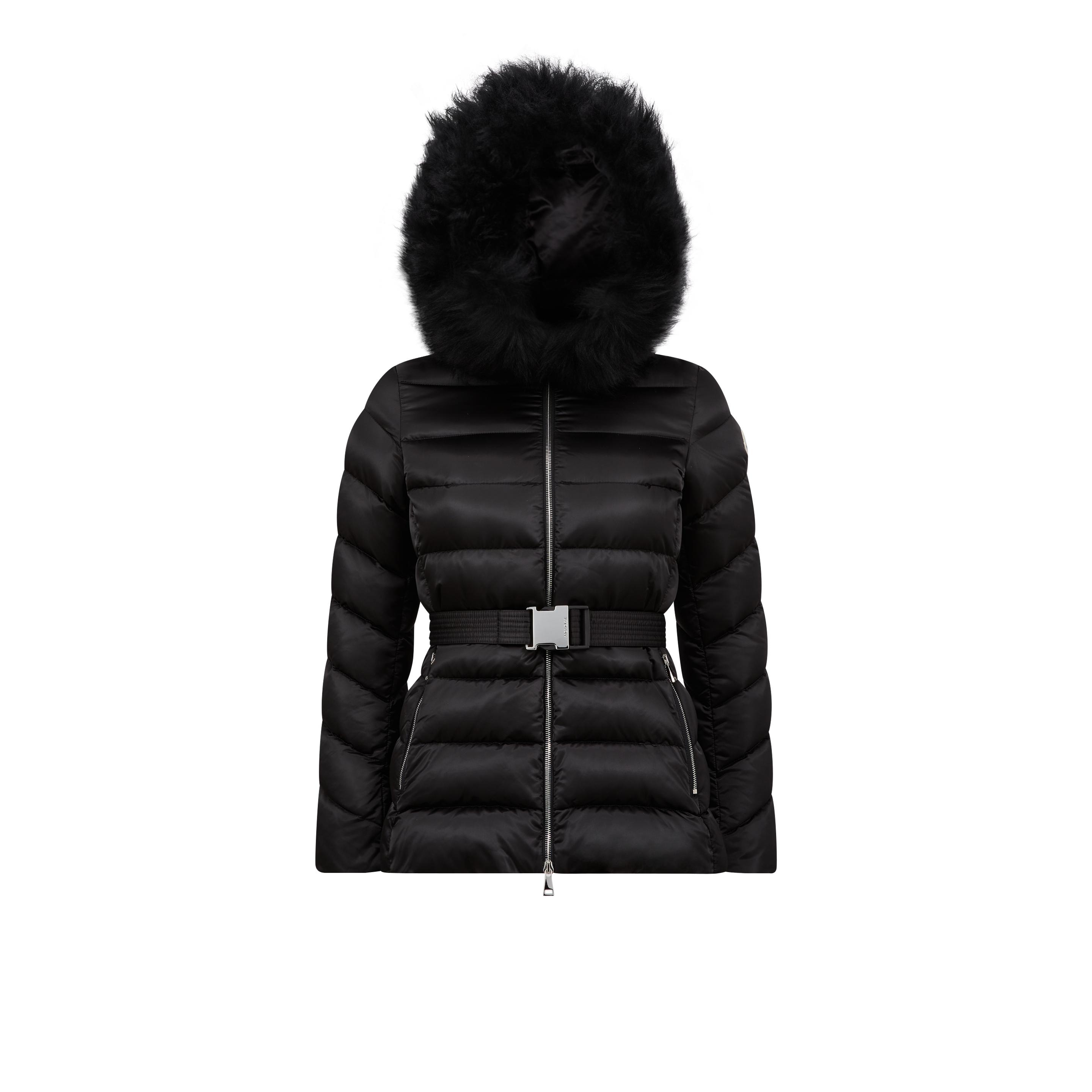 Moncler Cupidone Hooded Shearling Short Down Jacket in Brown