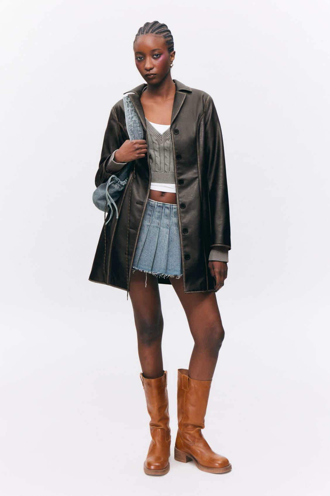 Monki Knee-length Faux Leather Coat in Black Lyst UK