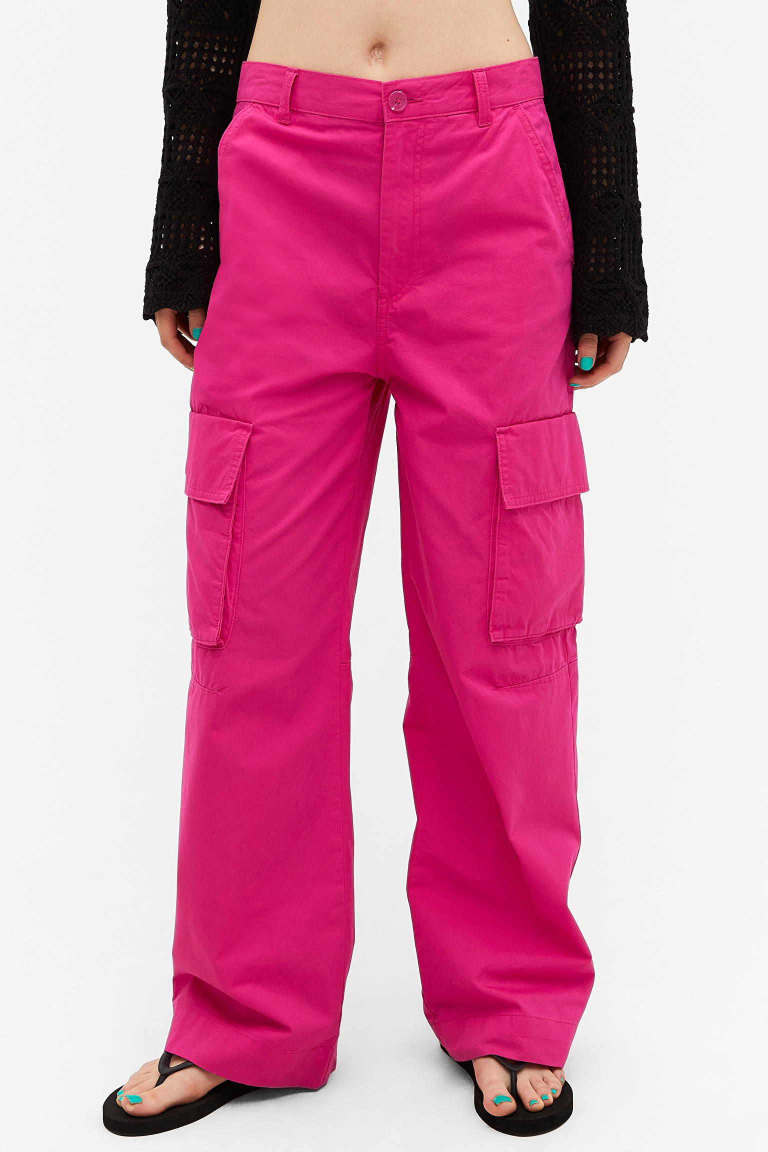 Monki Cargo Trousers Low Waist Loose Fit Cotton Pink