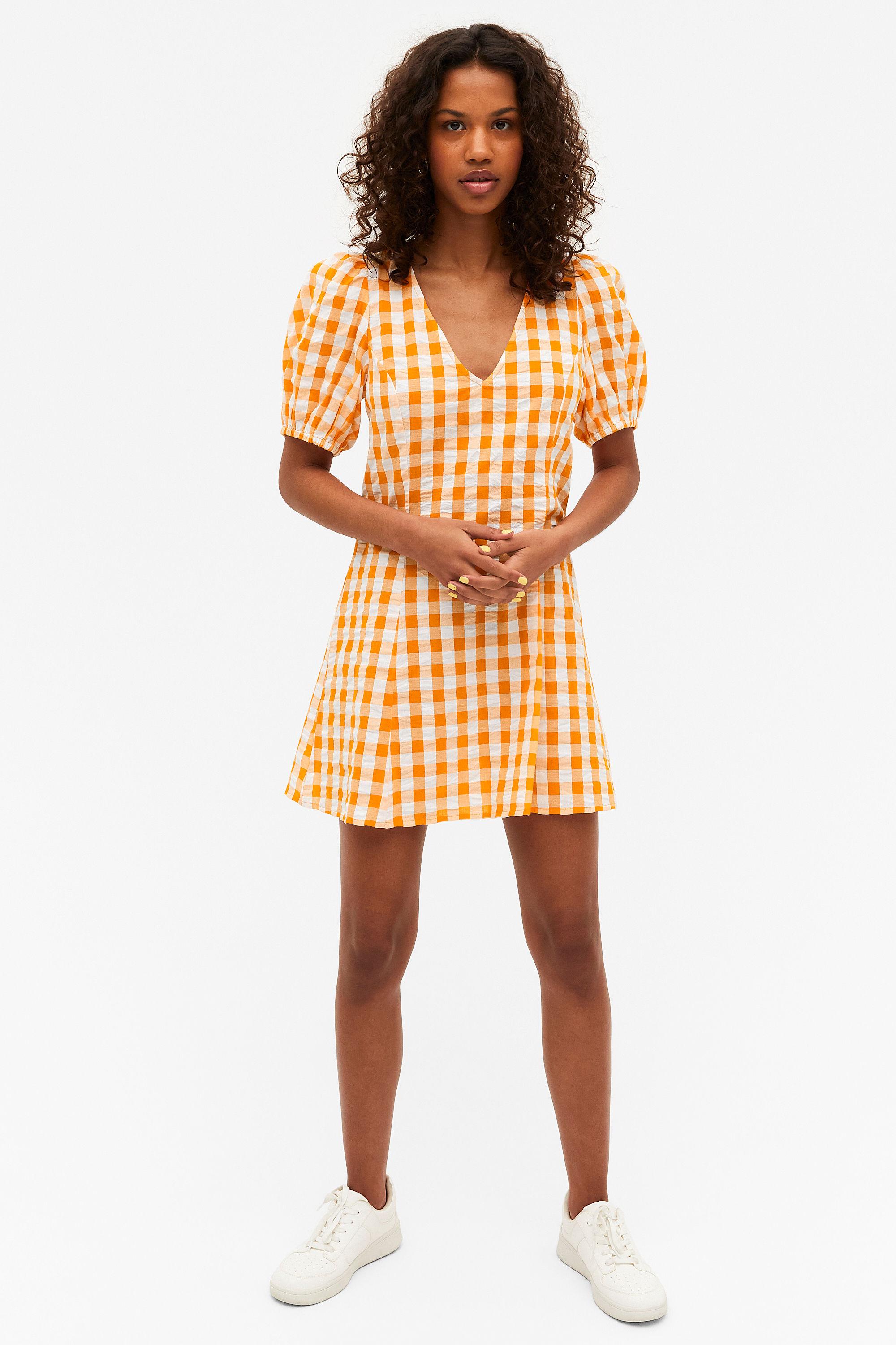 Monki Cotton Orange Gingham Puff Sleeve 