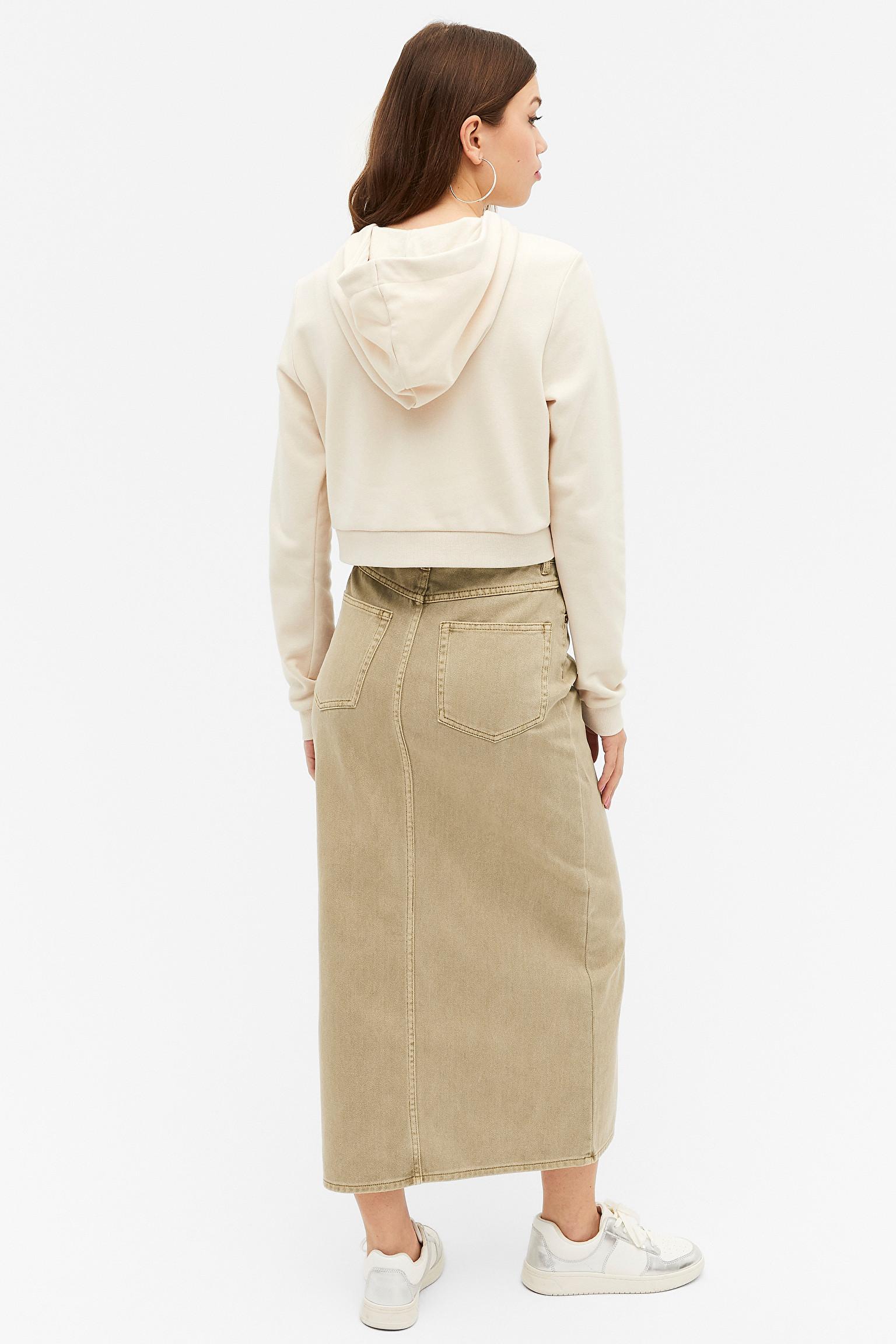 Monki Beige Midi Denim Skirt in Natural | Lyst Canada