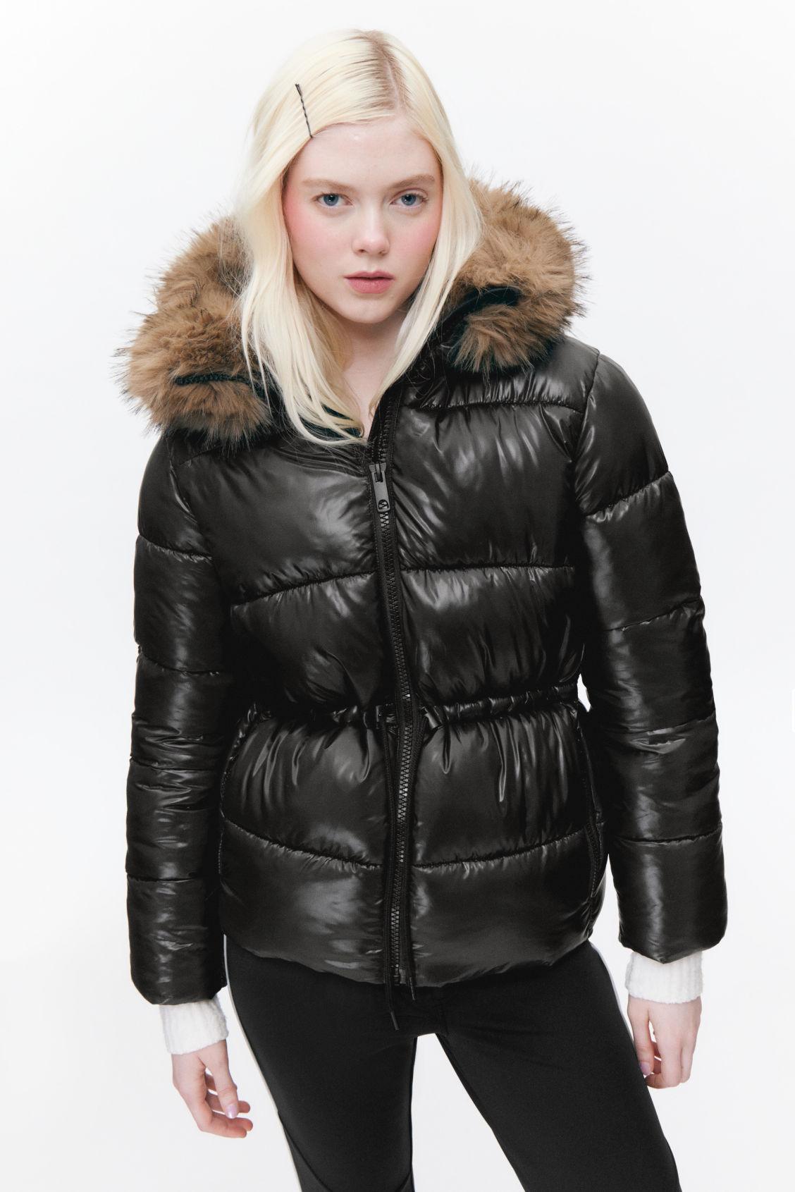 Monki faux fur zip hooded coat in black best sale