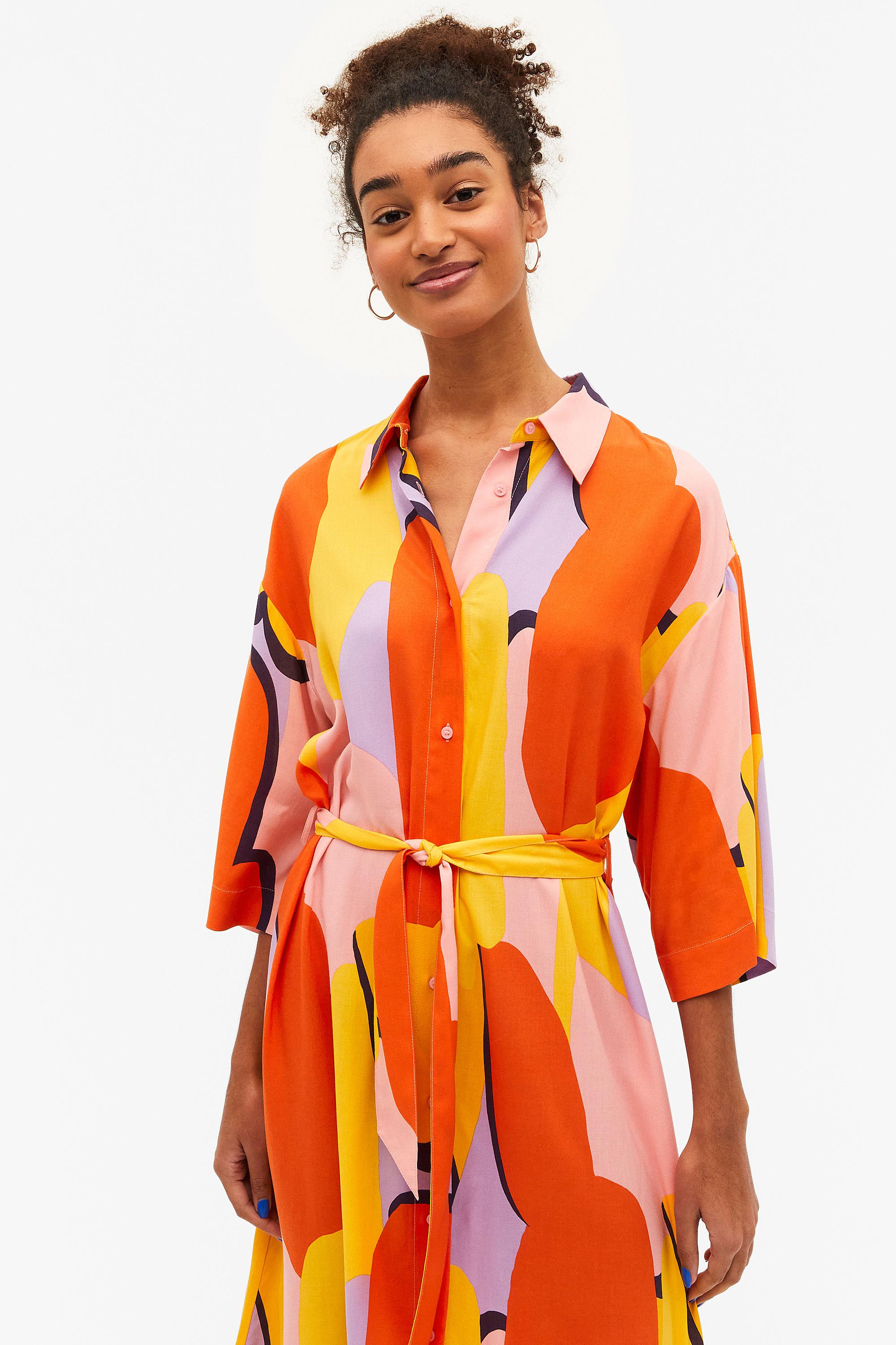 Monki Loose Multi Colour Shirt Dress With Tie Waist in Orange | Lyst  Australia