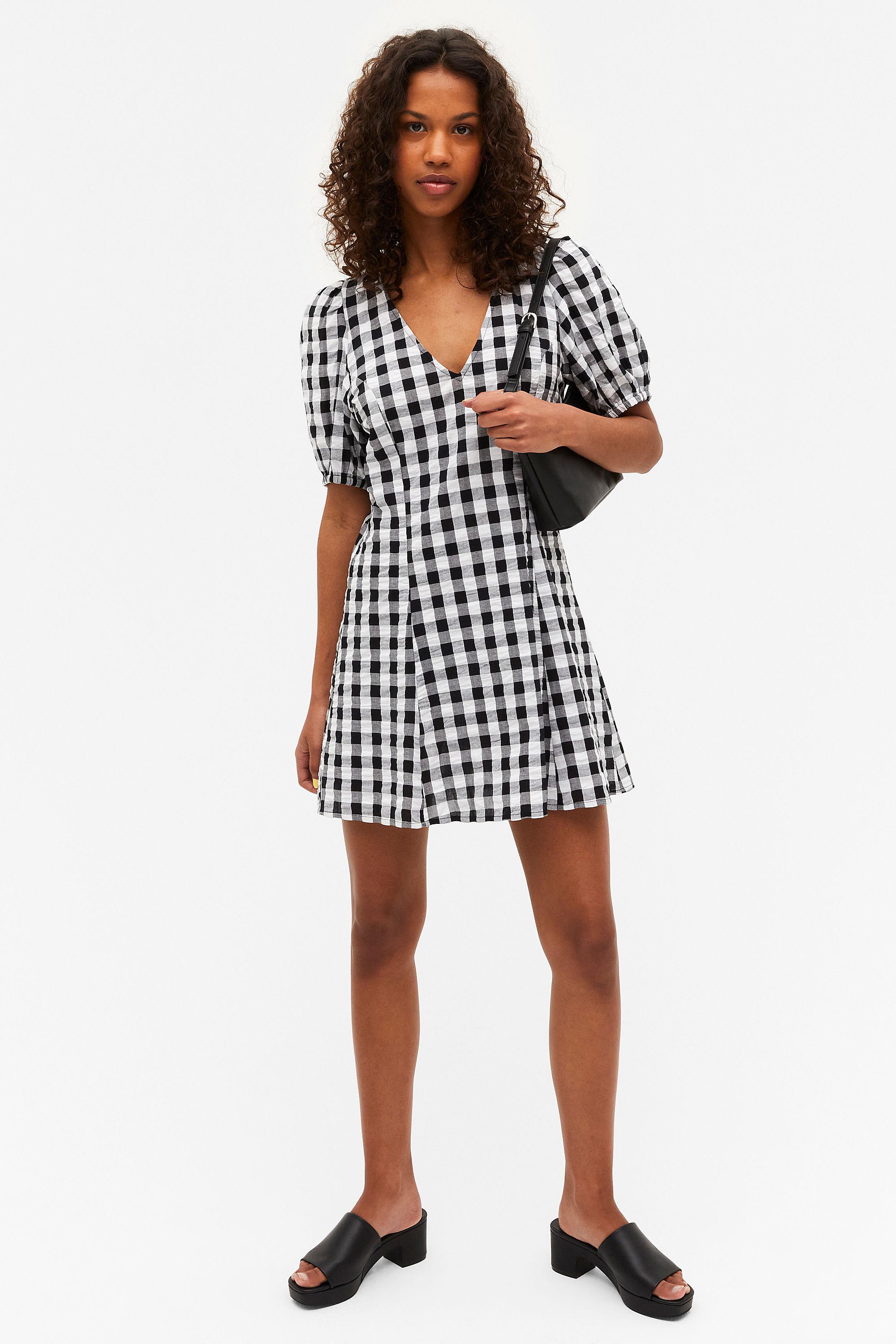 Monki Cotton Black Gingham Puff Sleeve 