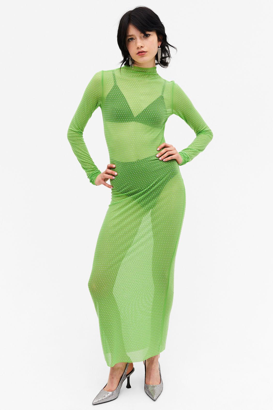 Monki Long Sleeved Mesh Maxi Dress in Green | Lyst UK