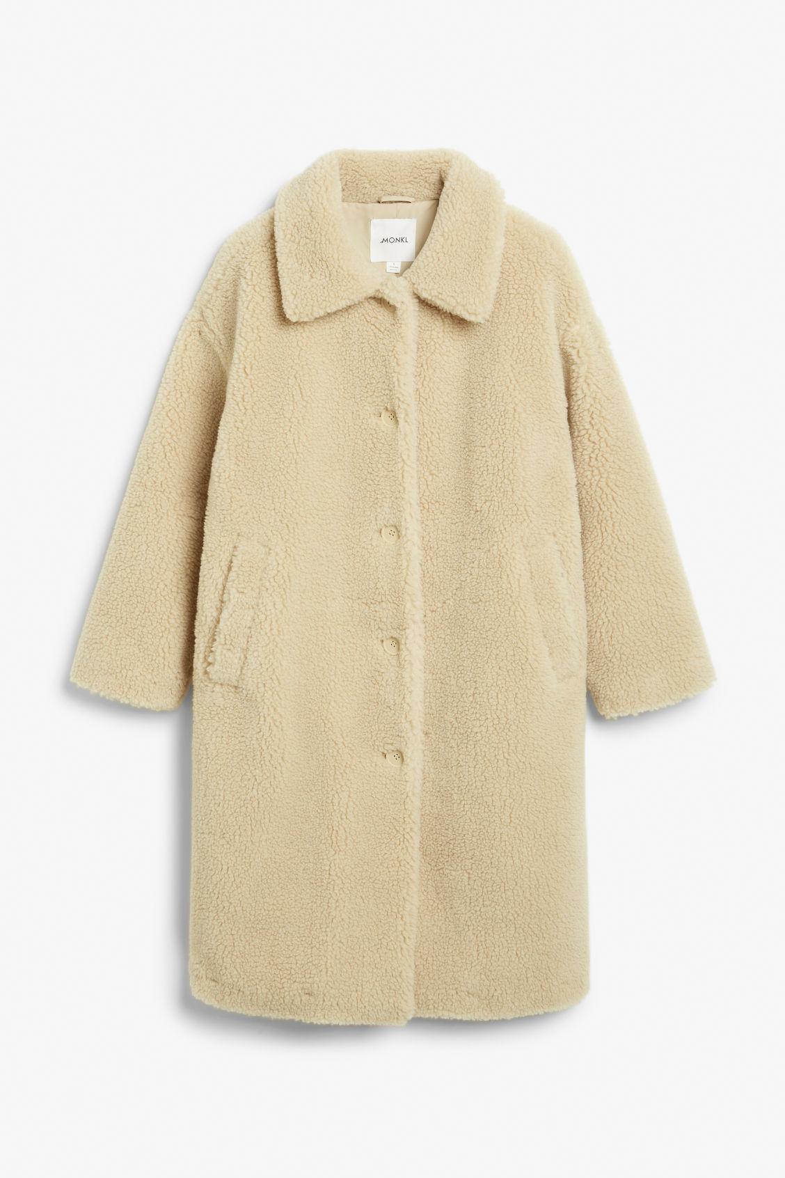 Monki Long Teddy Coat in Natural Lyst UK