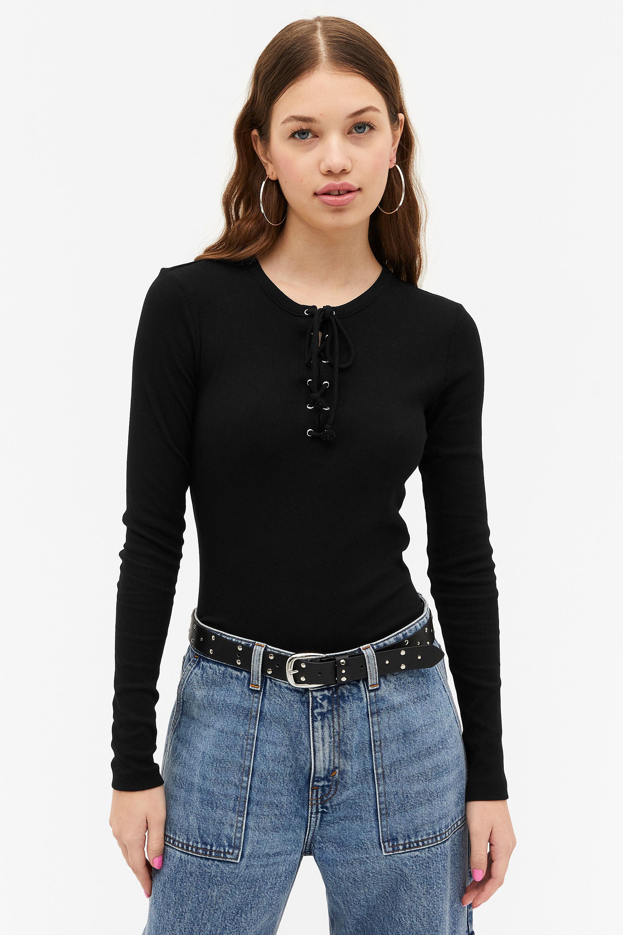 Monki Black Long Sleeve Top With Lace Tie Front | Lyst Canada