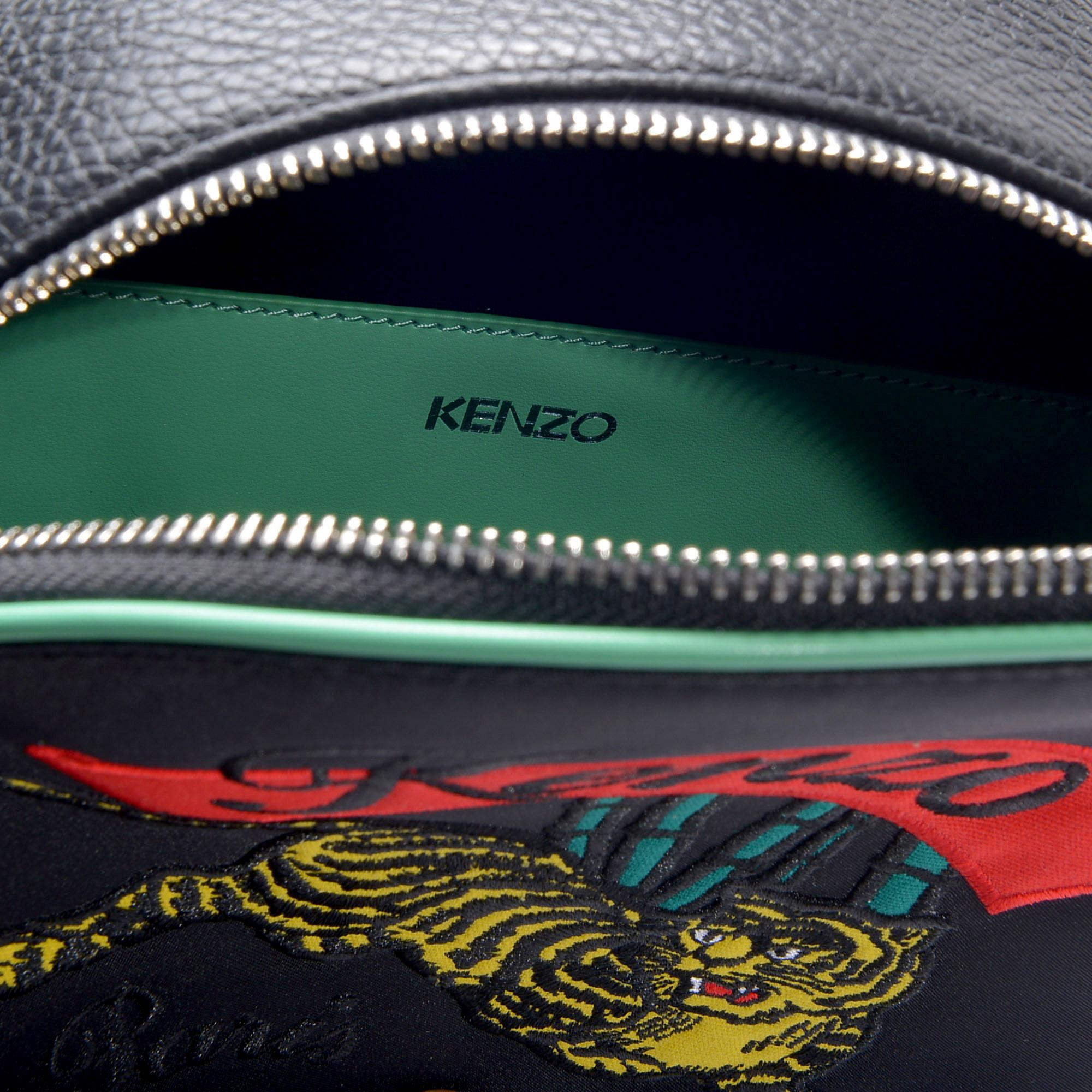 KENZO Leather Jumping Tiger Small Crossbody Bag In Black Polyamide And