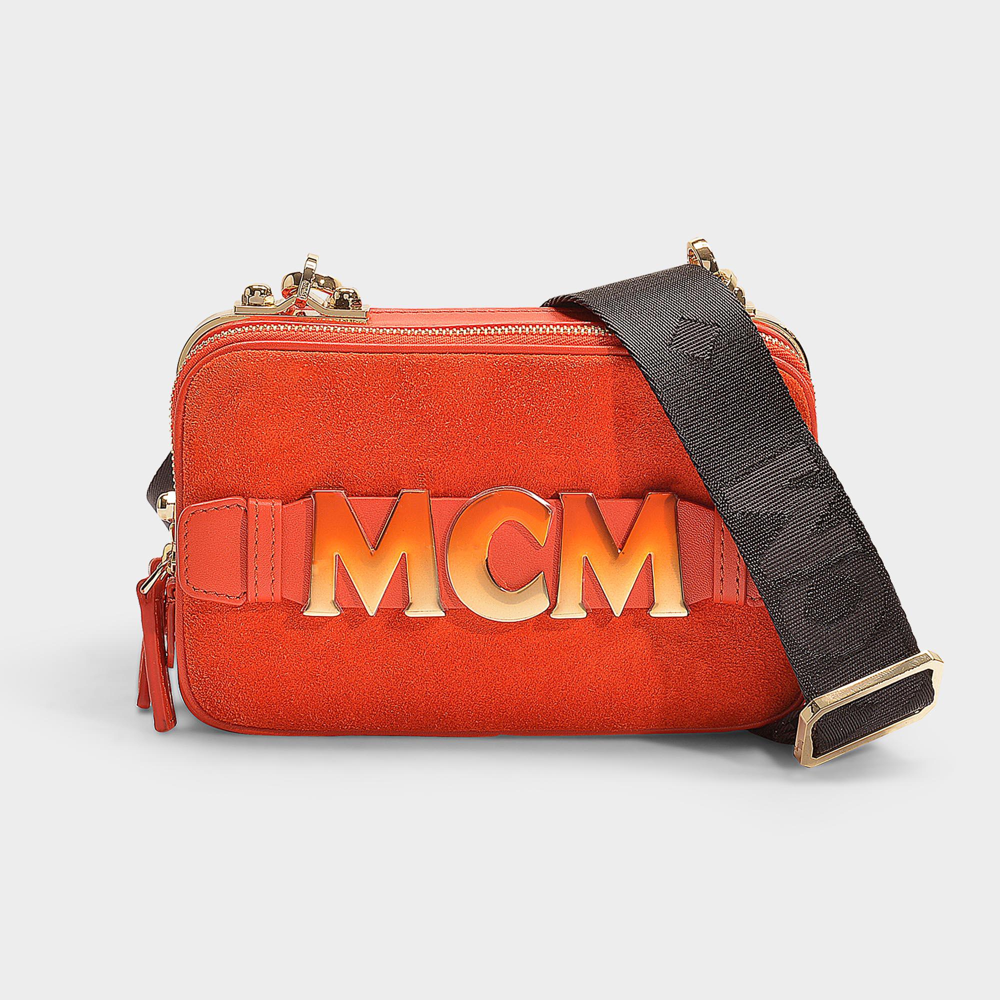 MCM Cubism Suede Leather Mini Crossbody Bag In Orange And Beige Calfskin - Lyst