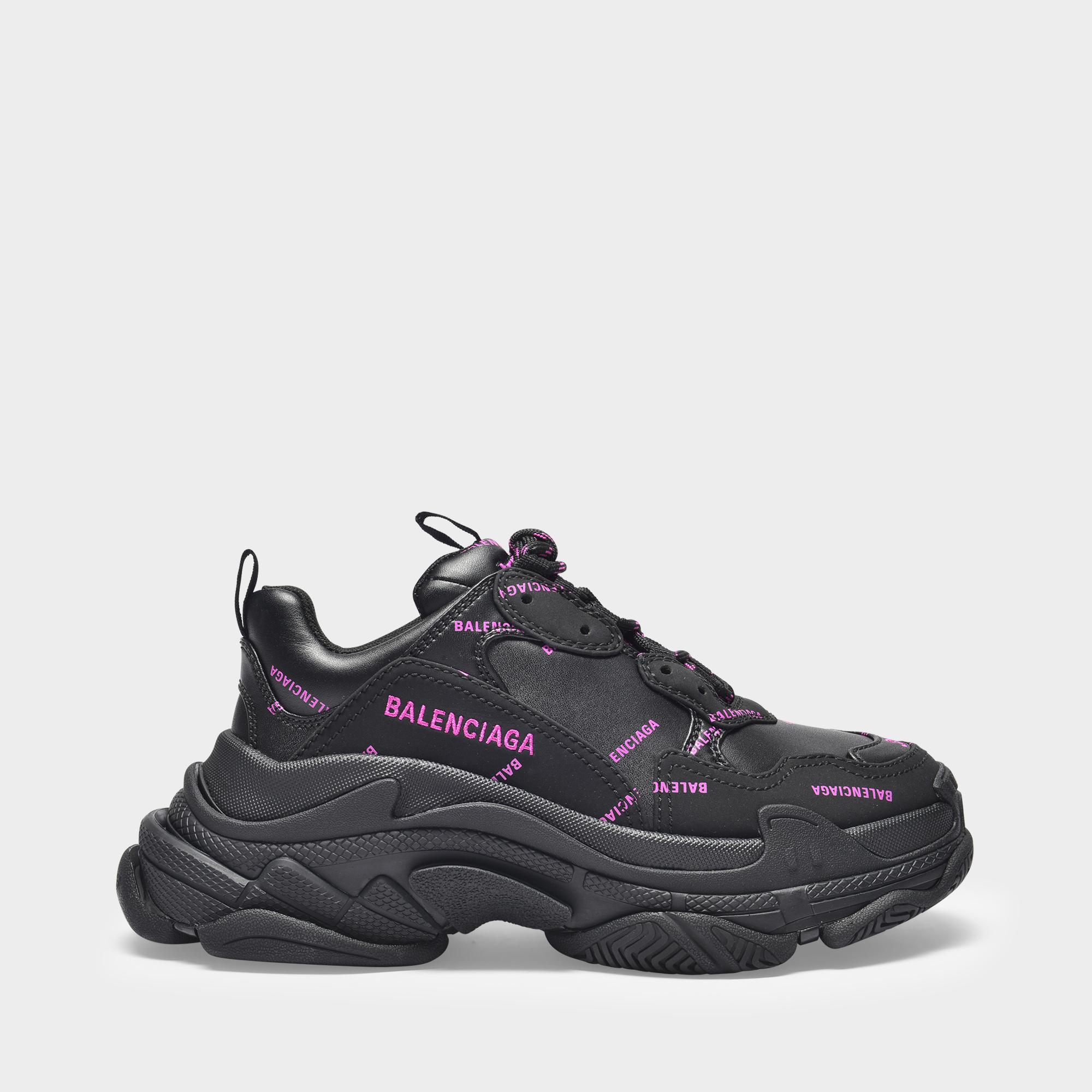 Balenciaga Triple S All Over Logo Sneakers Black/pink | Lyst