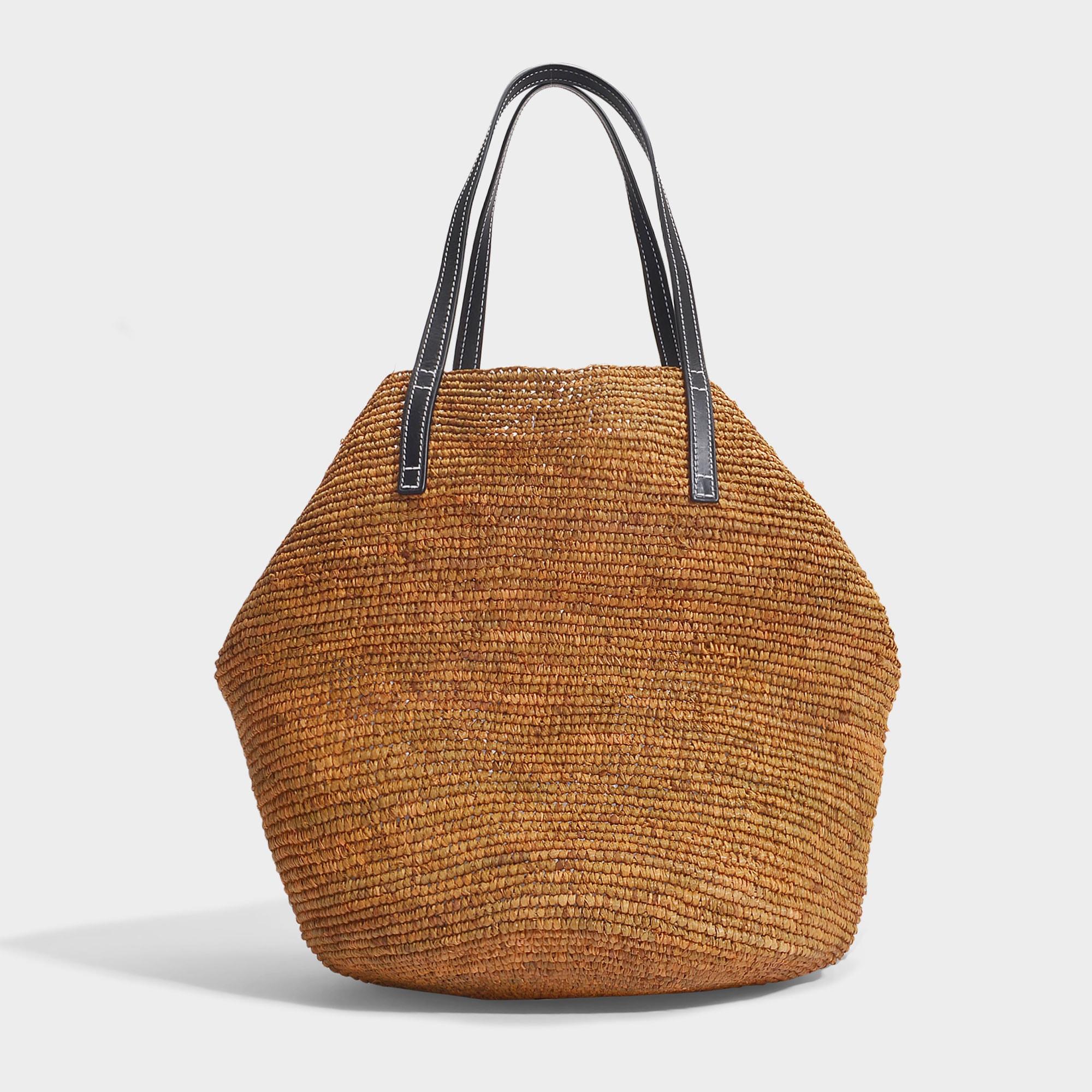 Straw Tote Bag in Raphia and Orange Leather