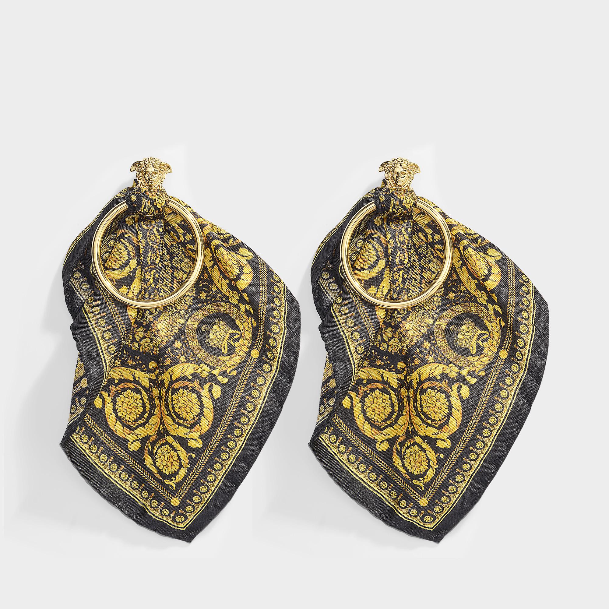 Versace Black And Gold Barocco Scarf Medusa Hoop Earrings | Lyst