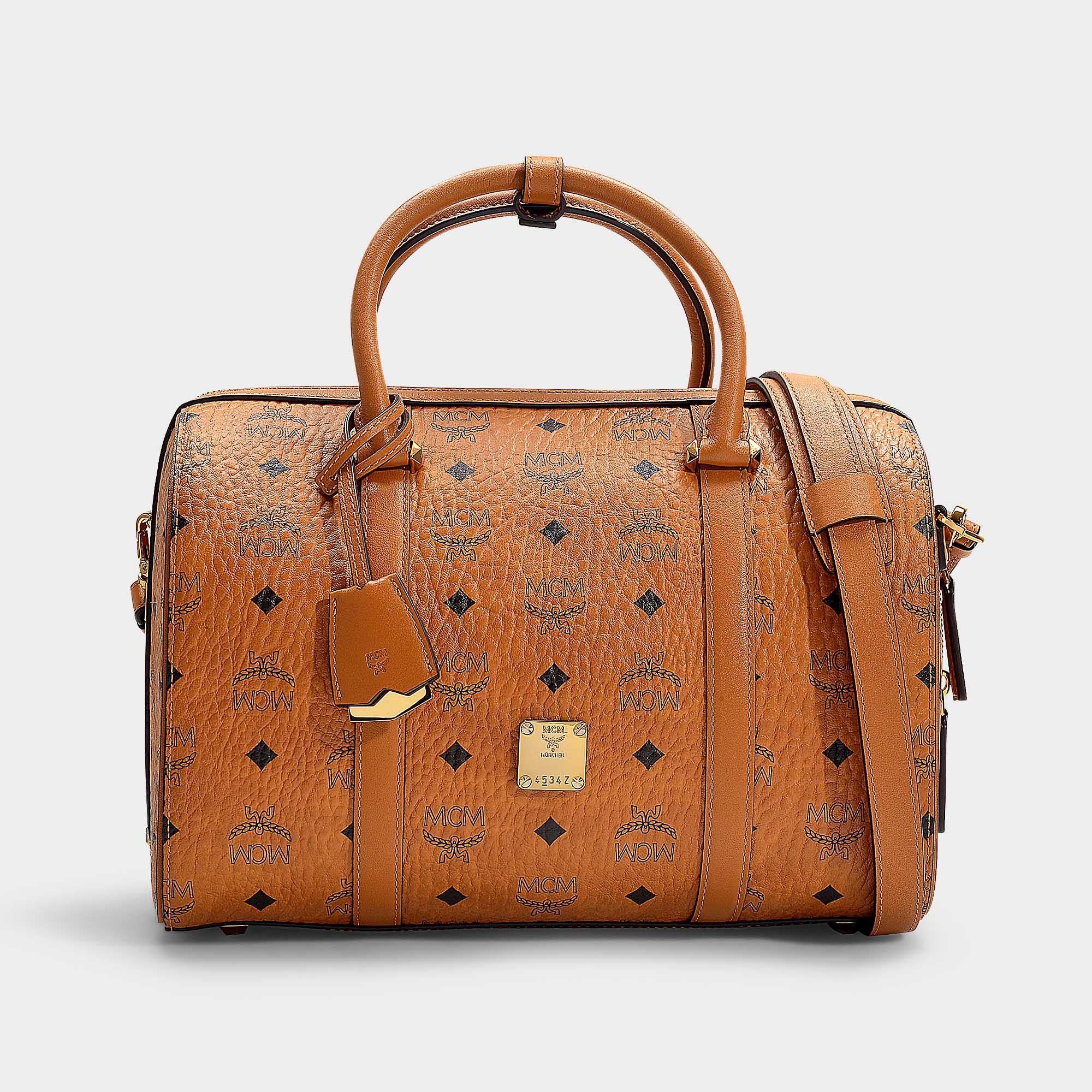 MCM, Bags, Mcm Small Boston Bag In Congnac Visetos Coated Canvas Leather