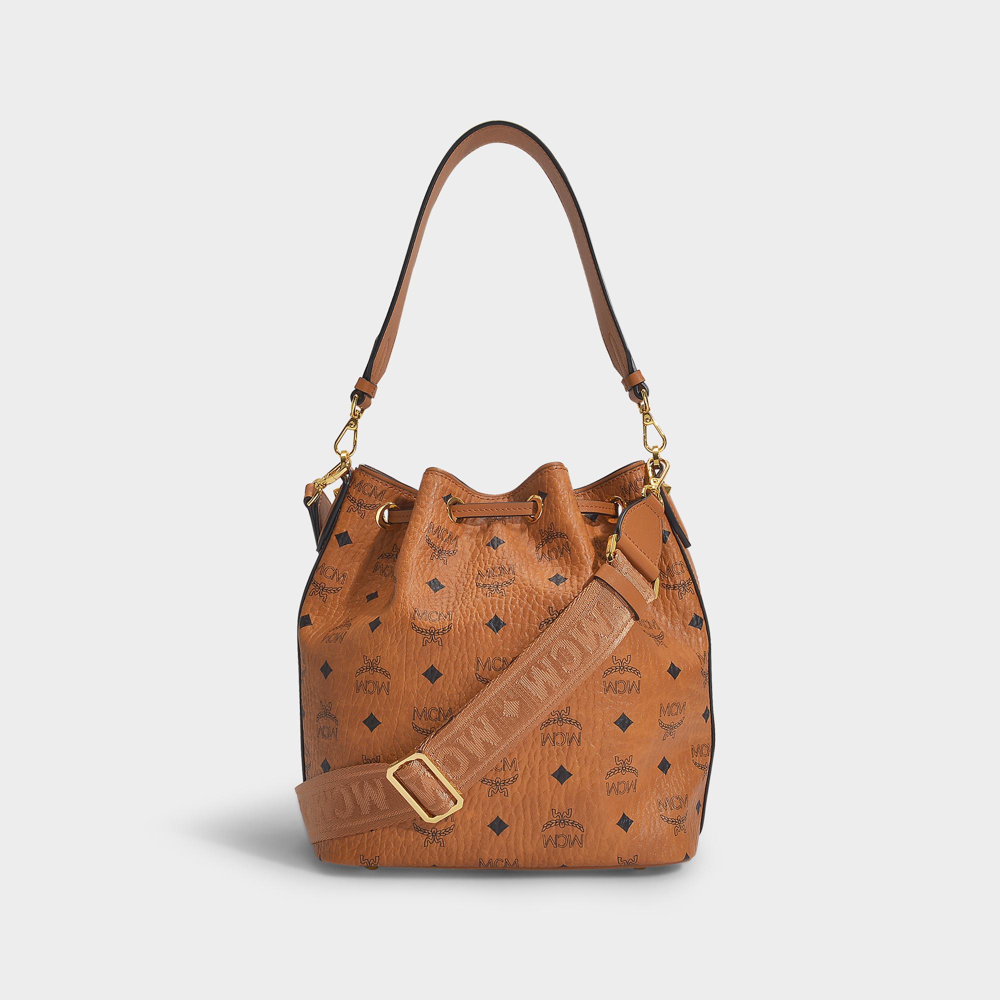 MCM Drawstring Visetos Monogram Print Tote Shoulder Bag Cognac