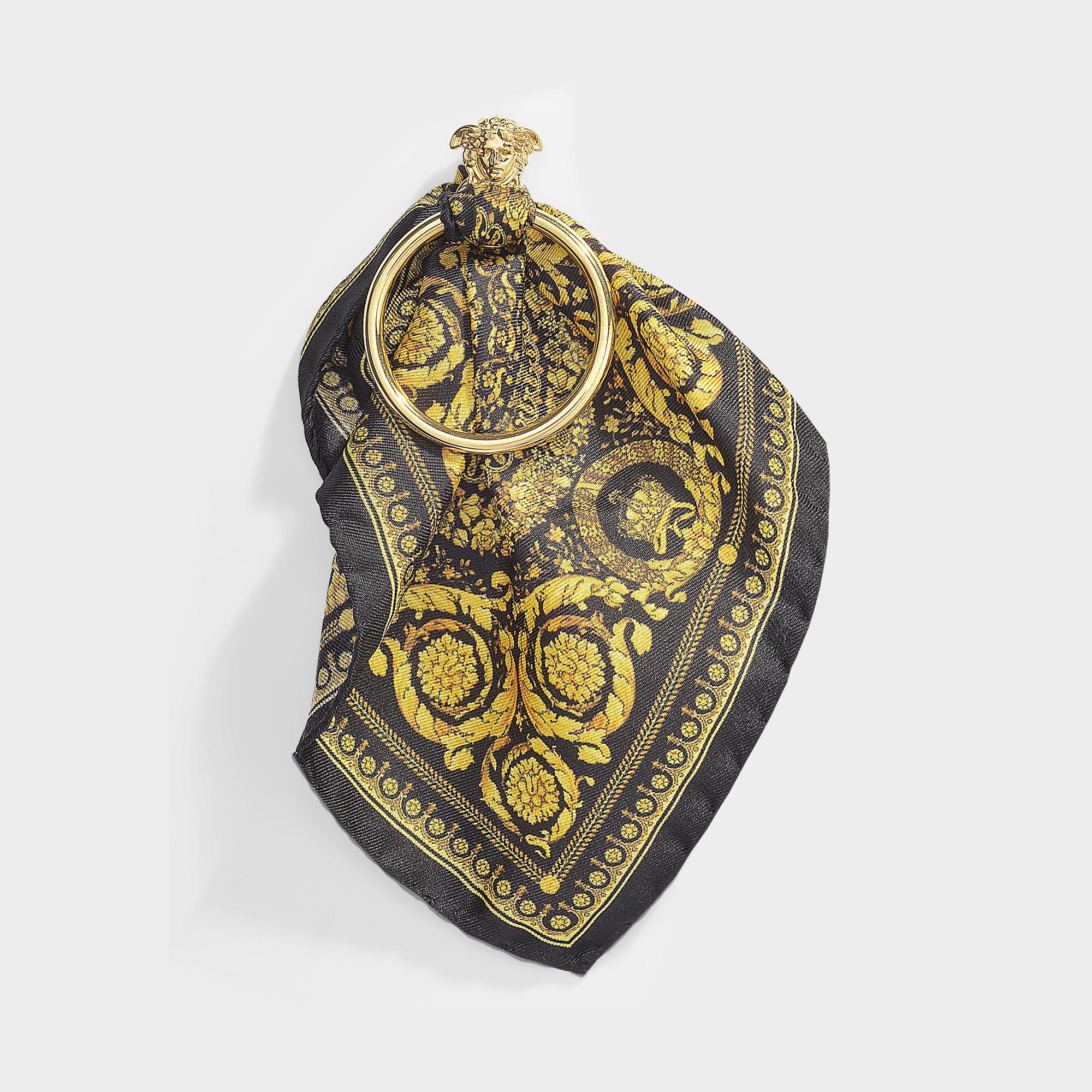 Versace Silk Black And Gold Barocco Scarf Medusa Hoop Earrings - Lyst