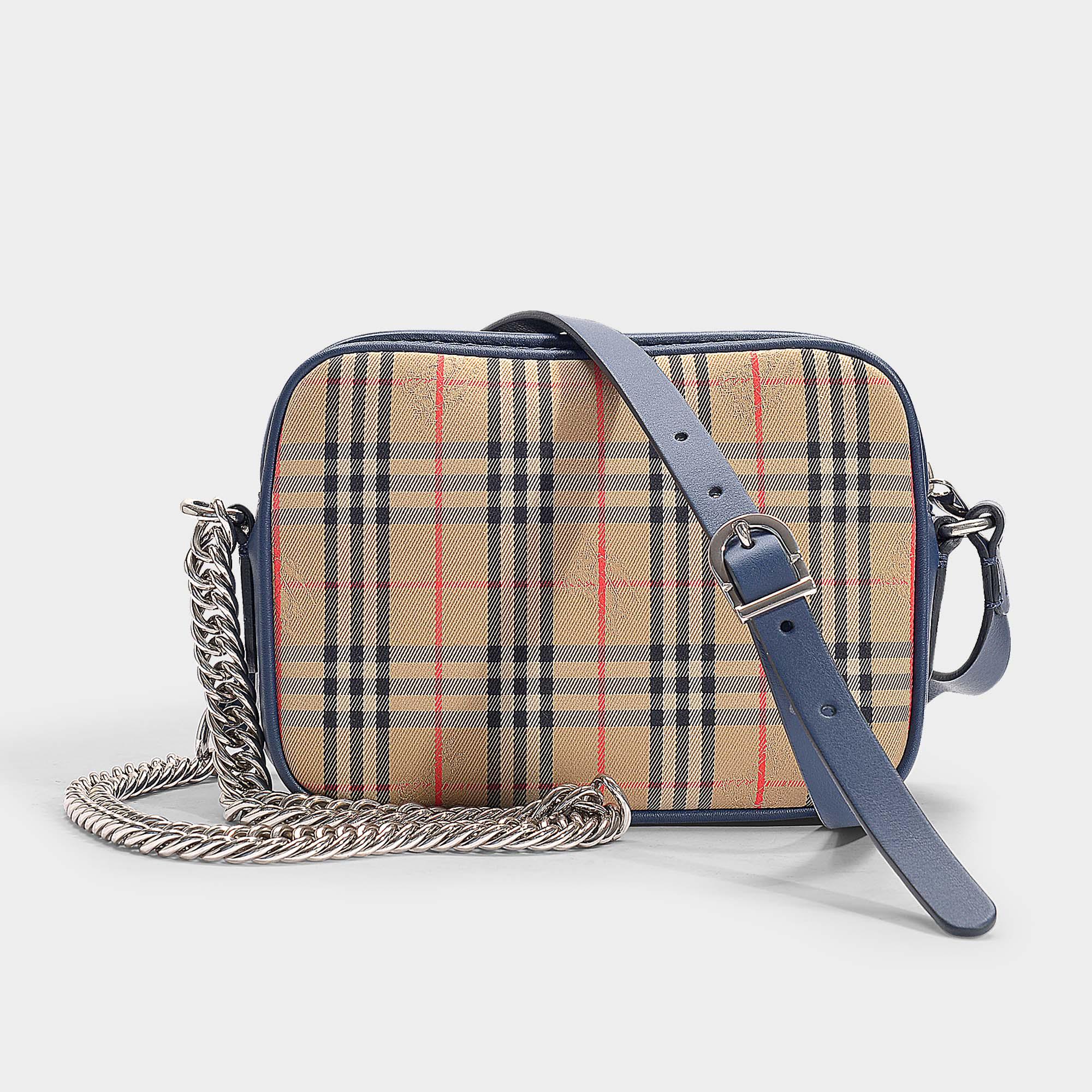 Burberry Leather The Link Camera Bag In Dark Blue Calfskin in Beige