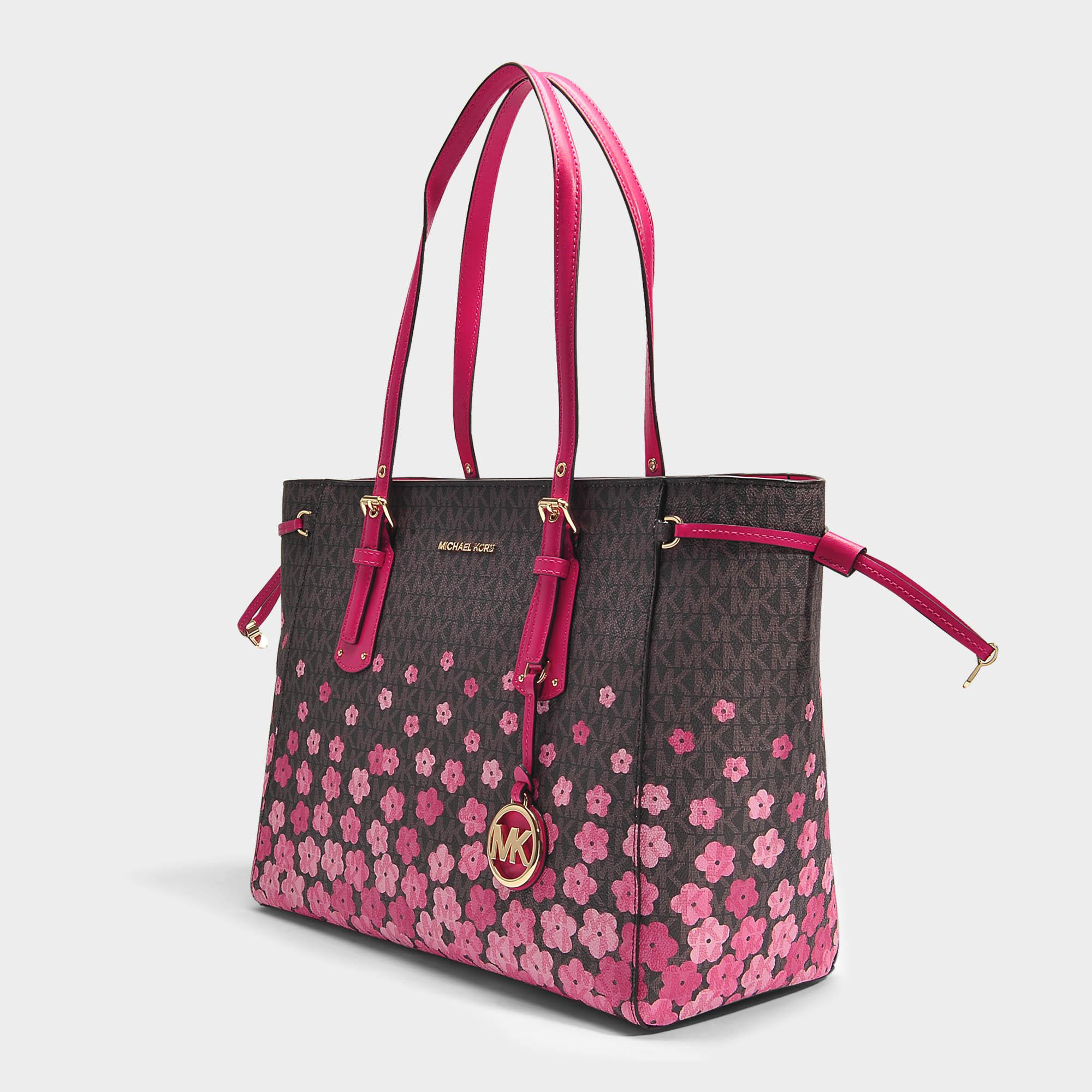 MICHAEL Michael Kors Leather Voyager Medium Top Zip Tote Bag In Brown  Monogrammed Canvas With Pink Flowers | Lyst