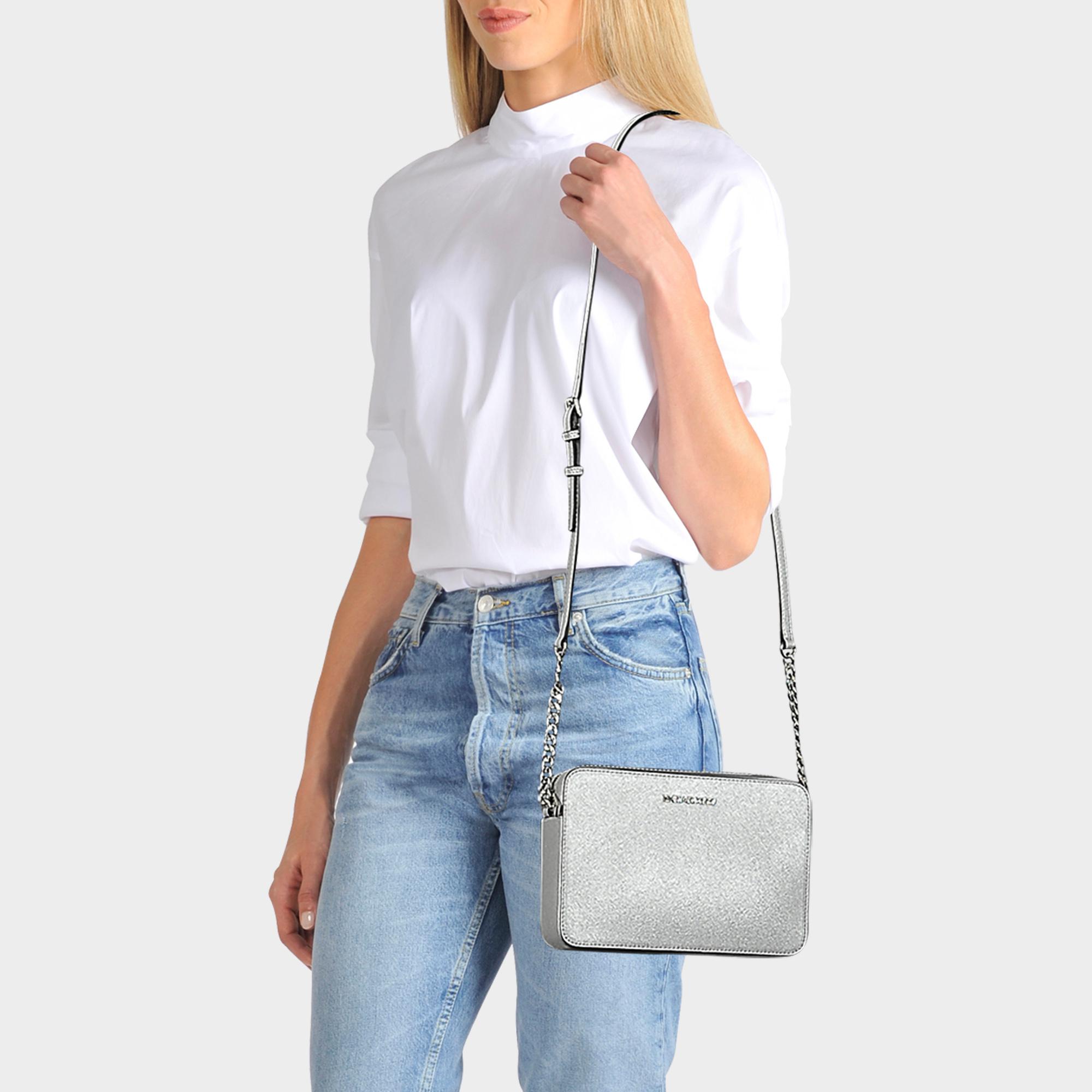 MICHAEL Michael Kors Large East-west Crossbody Bag In Silver Metallic  Saffiano Leather in Gray