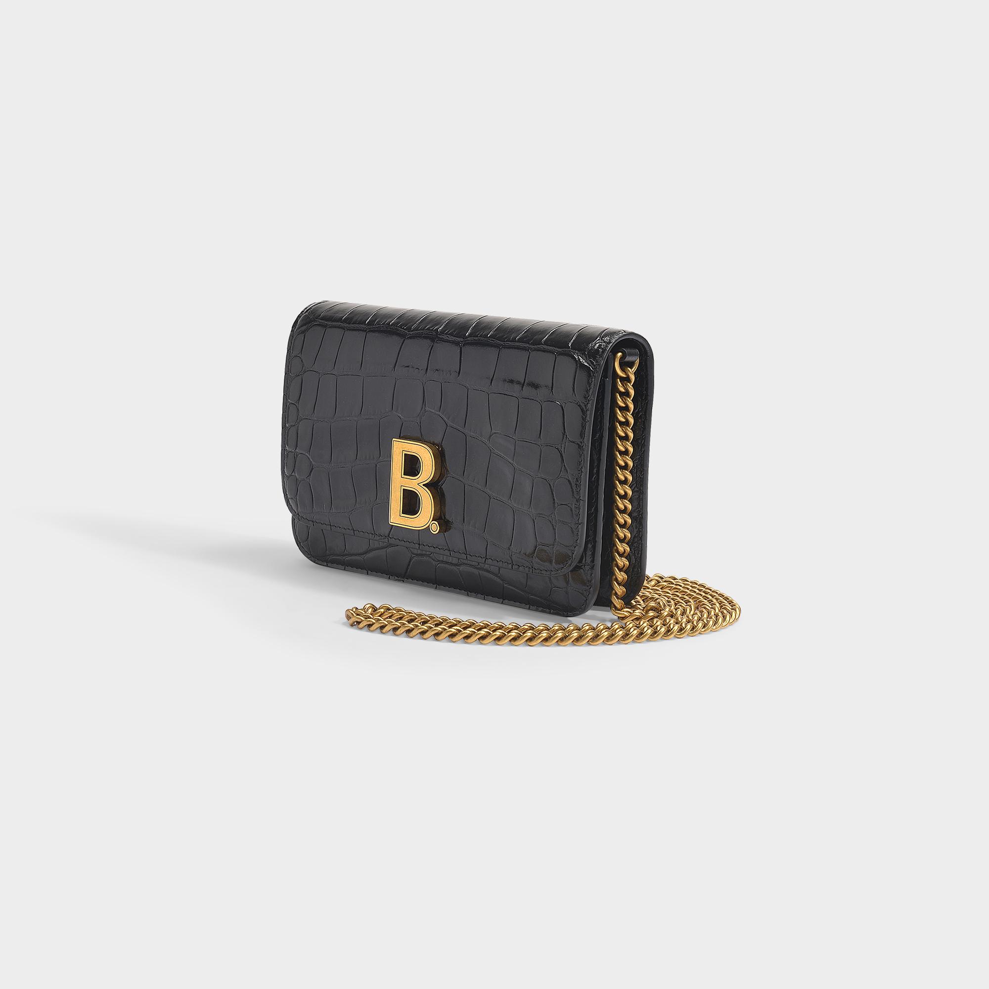 Balenciaga B. Wallet On Chain In Black Shiny Croc Embossed Calfskin Lyst