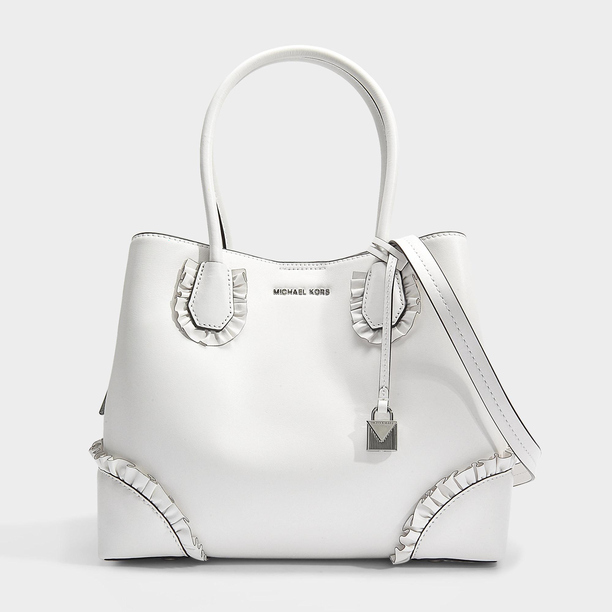 MICHAEL Michael Kors Mercer Gallery Center Zip Medium Tote Bag With Ruffles  In Optic White Polished Leather - Lyst