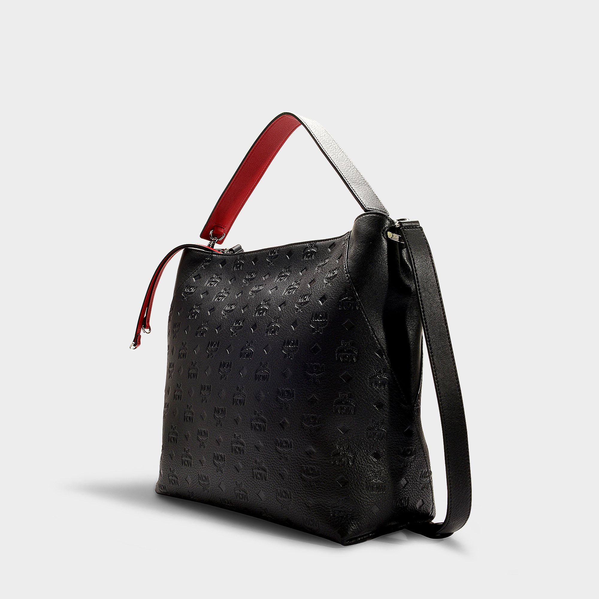 MCM Klara Monogram Leather Large Hobo Bag In Black Calfskin | Lyst