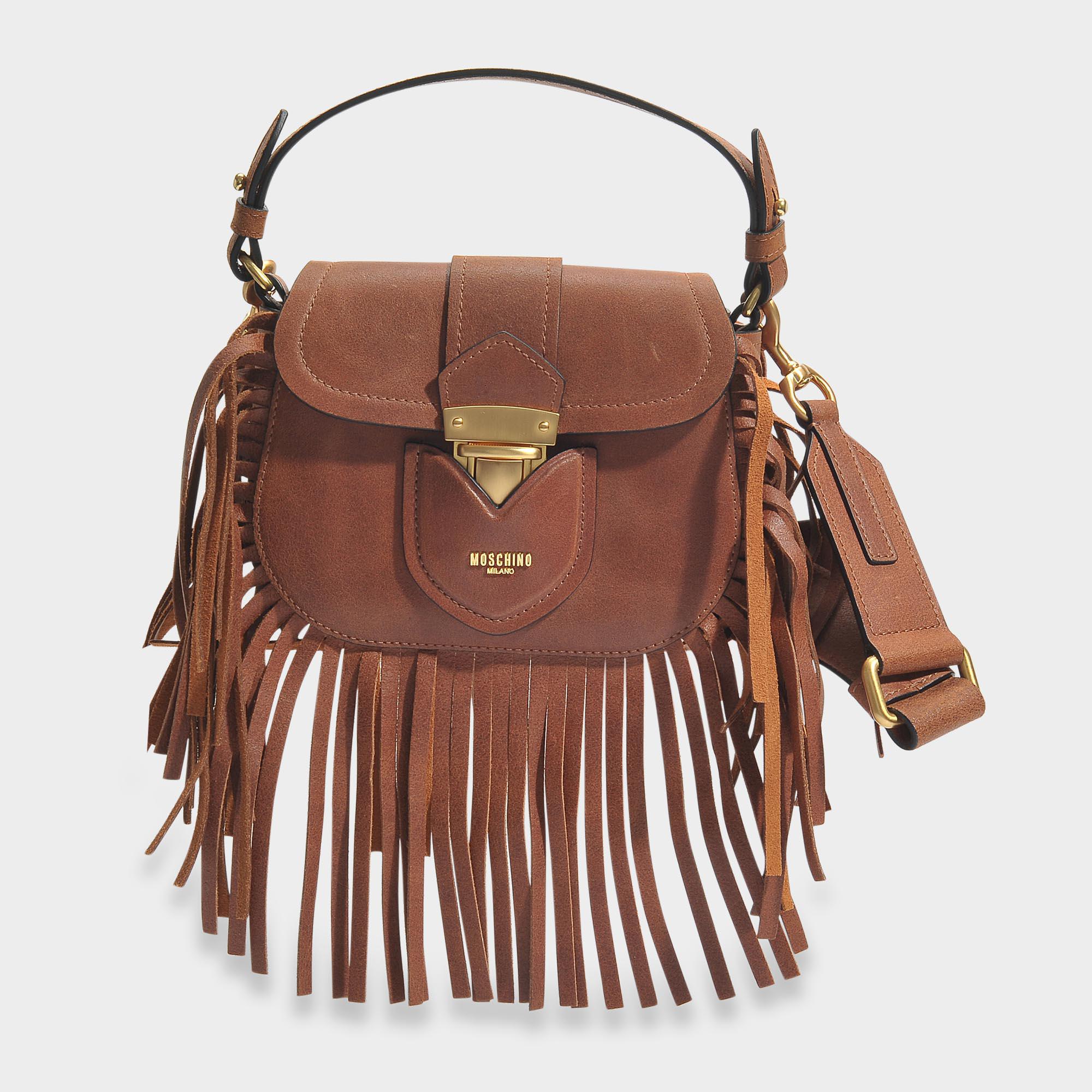 Moschino Leather Hidden Lock Small Bag With Fringes In Camel Suede | Lyst