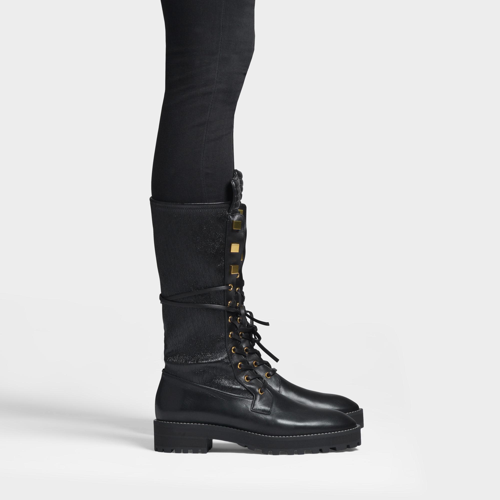 Stuart Weitzman Leather Elspeth Long Combat Boots In Black Calfskin - Lyst