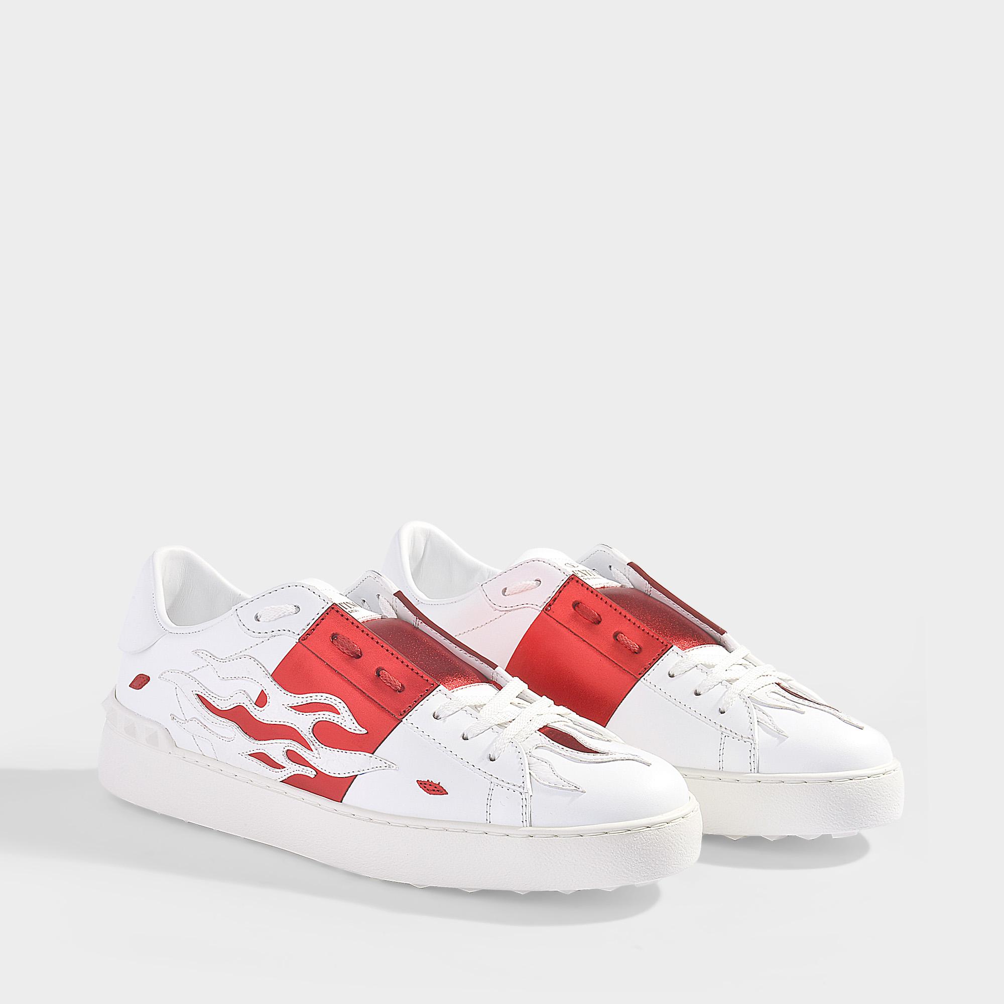 Valentino Leather Flame Open Sneakers In White And Red Calfskin - Lyst