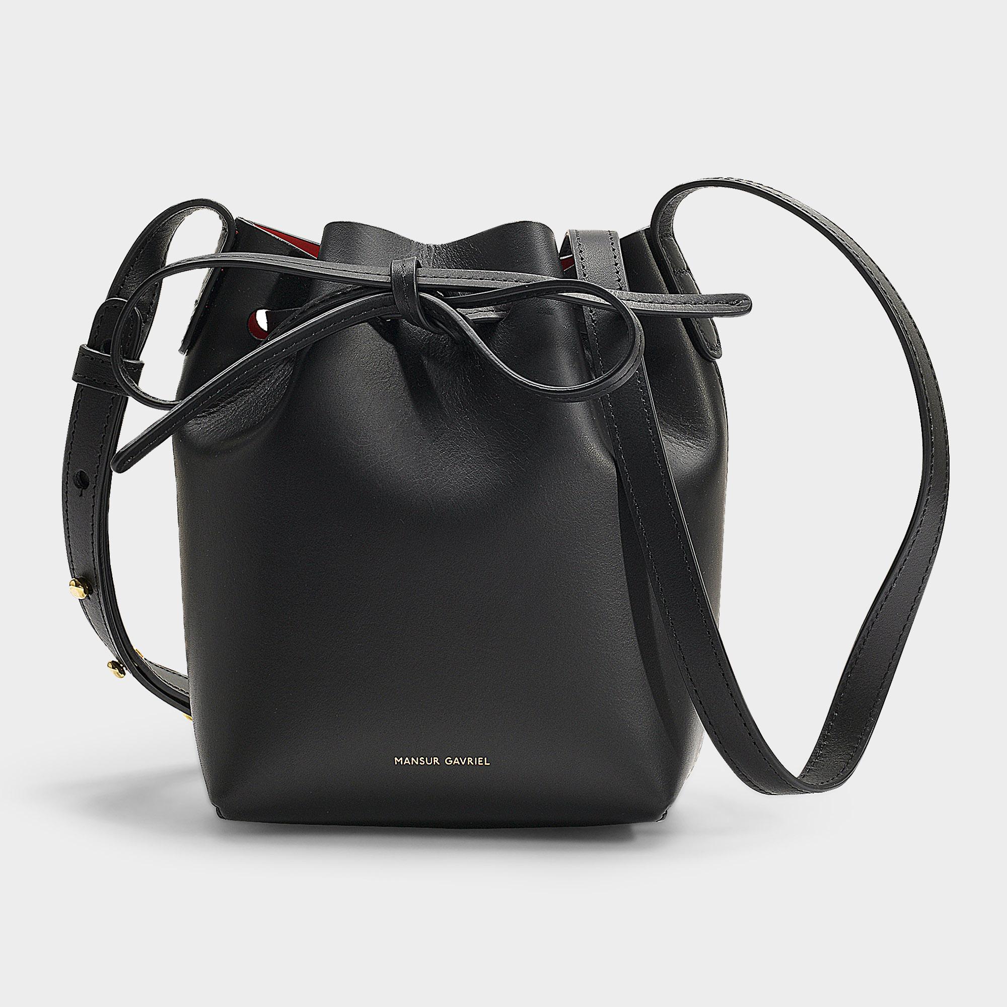 Mansur Gavriel Red Lined Mini Mini Leather Bucket Bag in Black - Save ...