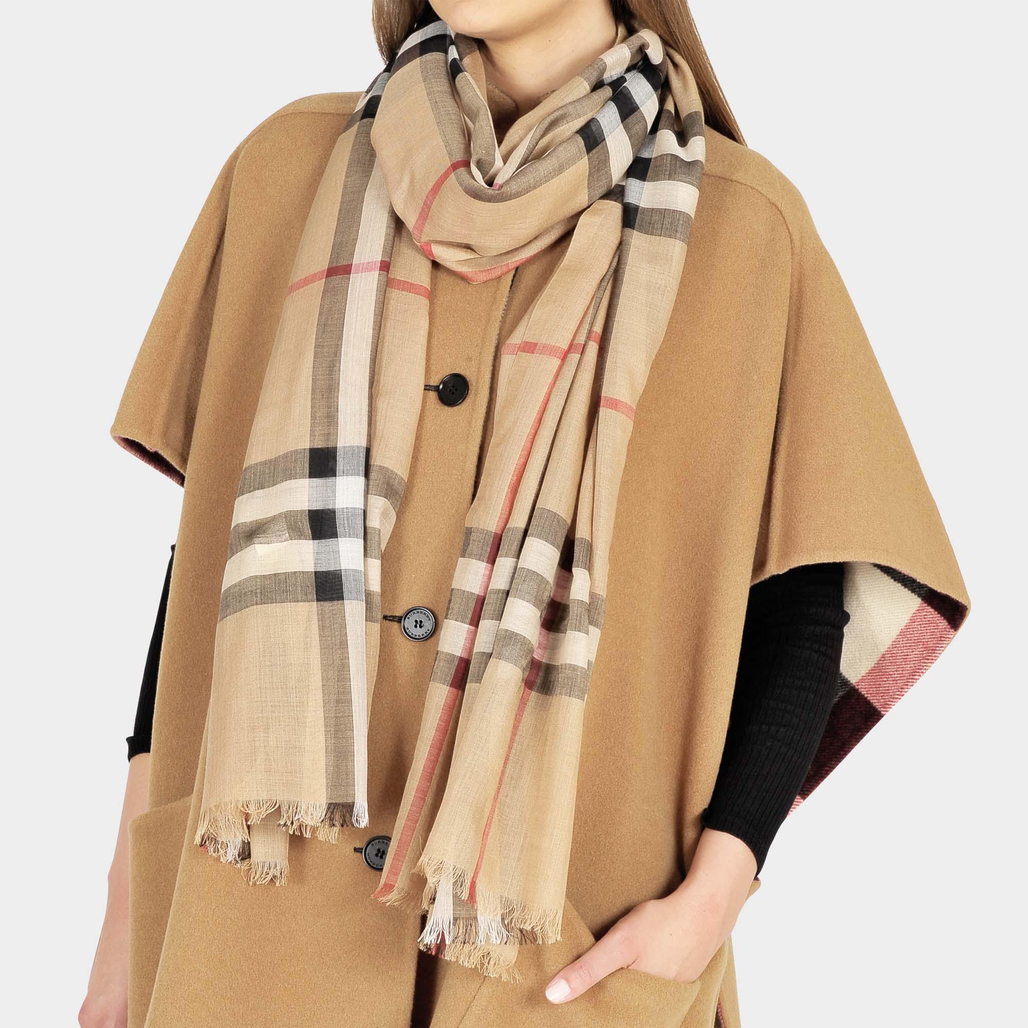 burberry gauze check scarf camel