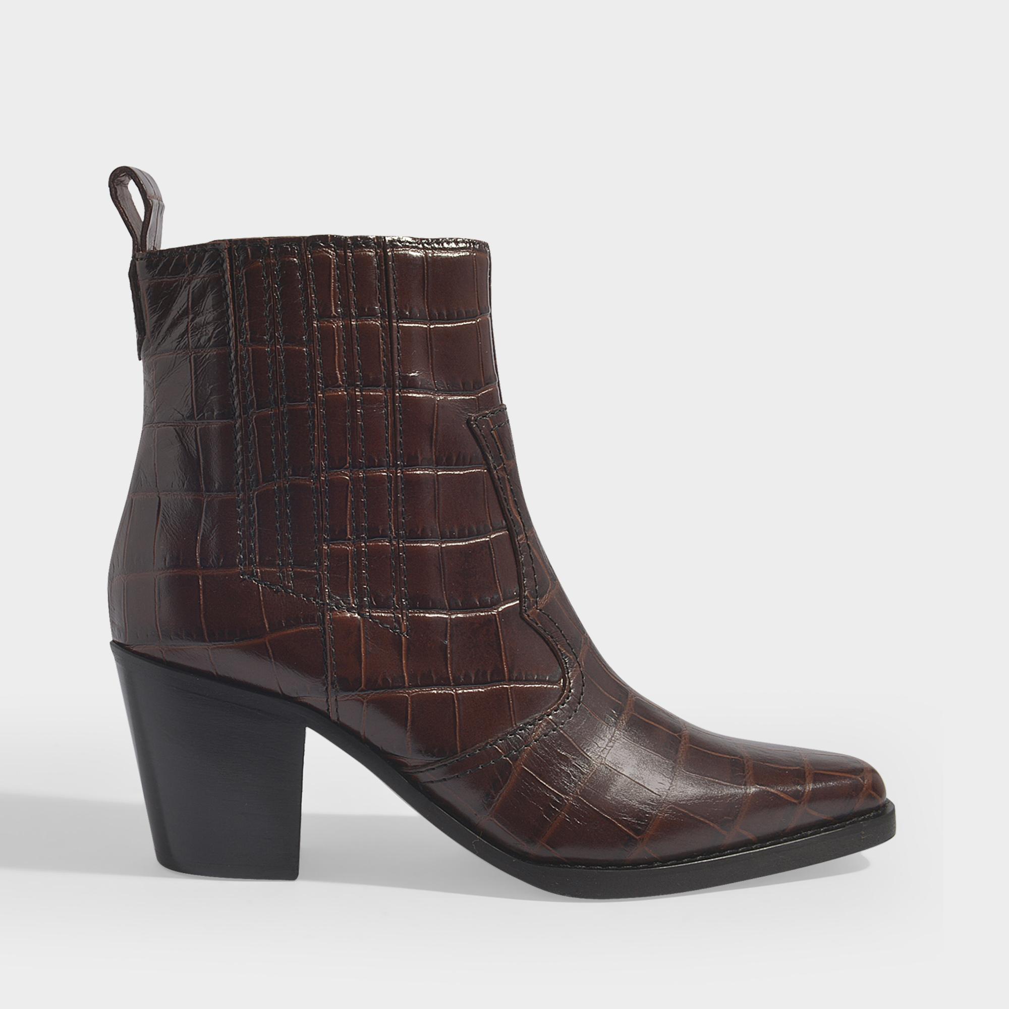 Ganni Western Ankle Boots In Brown Croc Embossed Calf Leather - Lyst