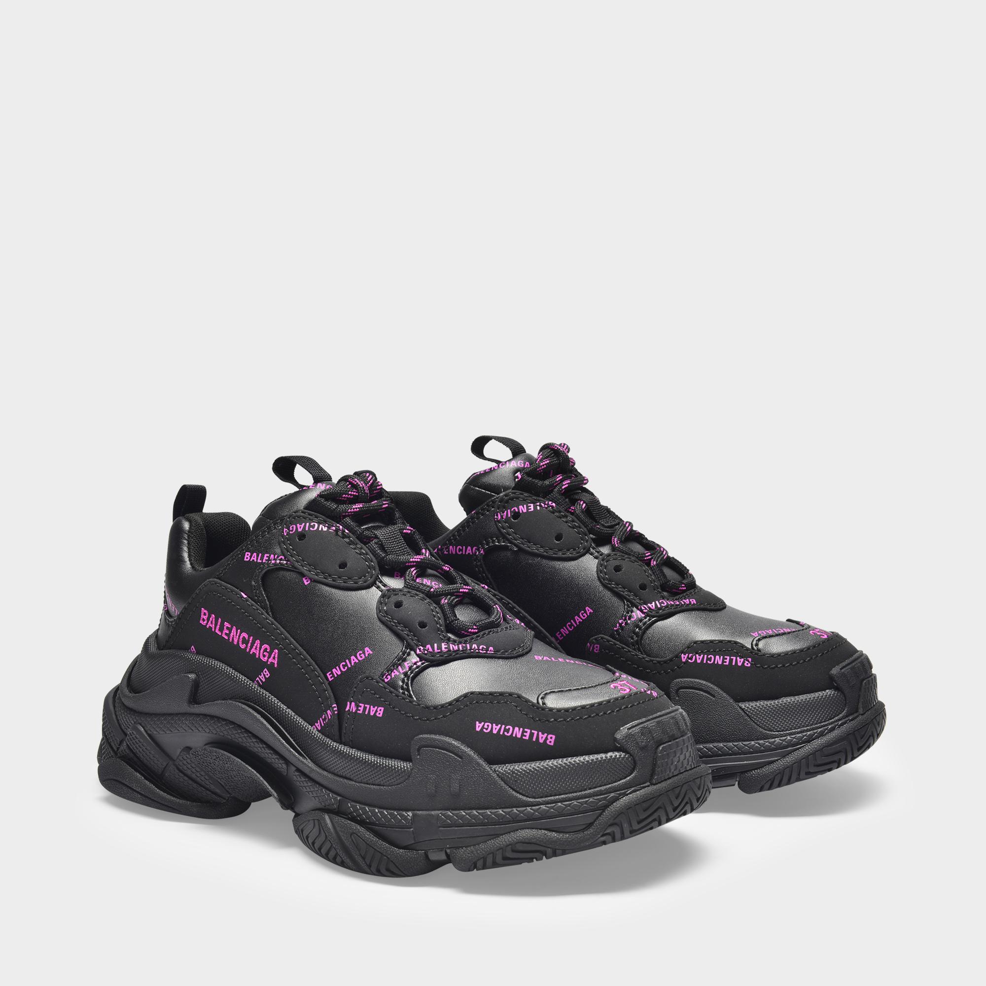 Balenciaga Synthetic Triple S All Over Logo Sneakers Black/pink | Lyst