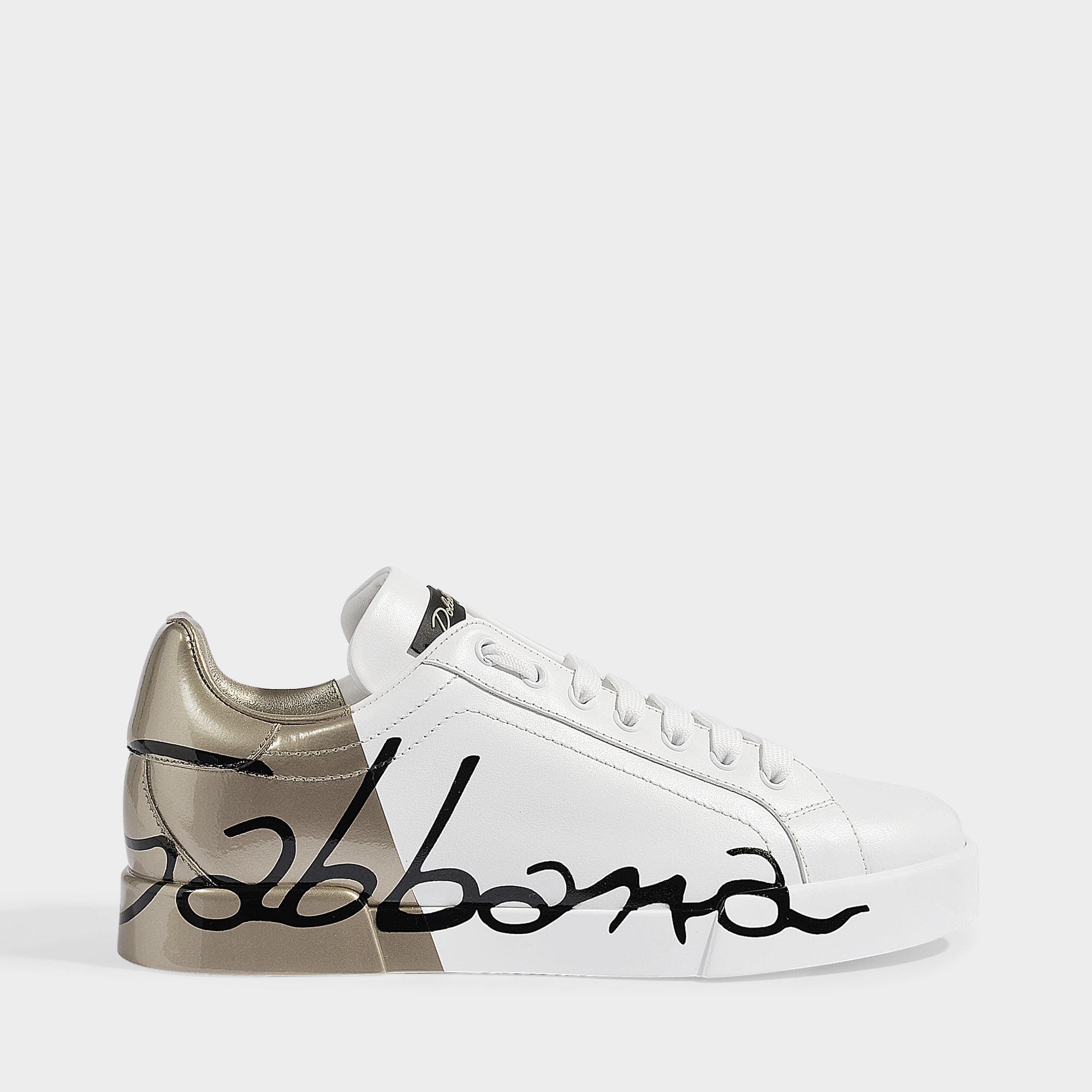 Dolce & Gabbana Leather Gold Logo Printed Sneakers in White - Lyst